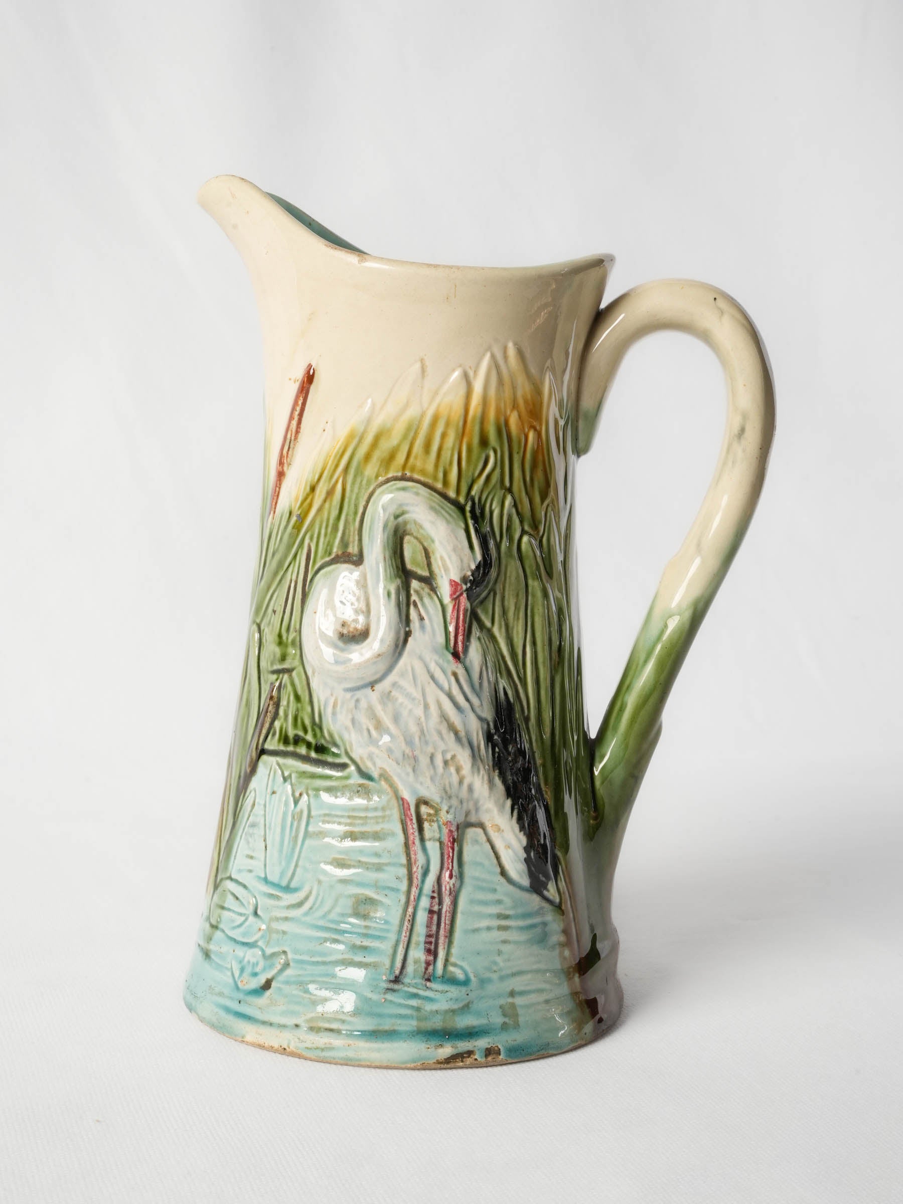 French Art Nouveau Majolica Pitcher w/ Heron Décor, c. 1900 -10¼"