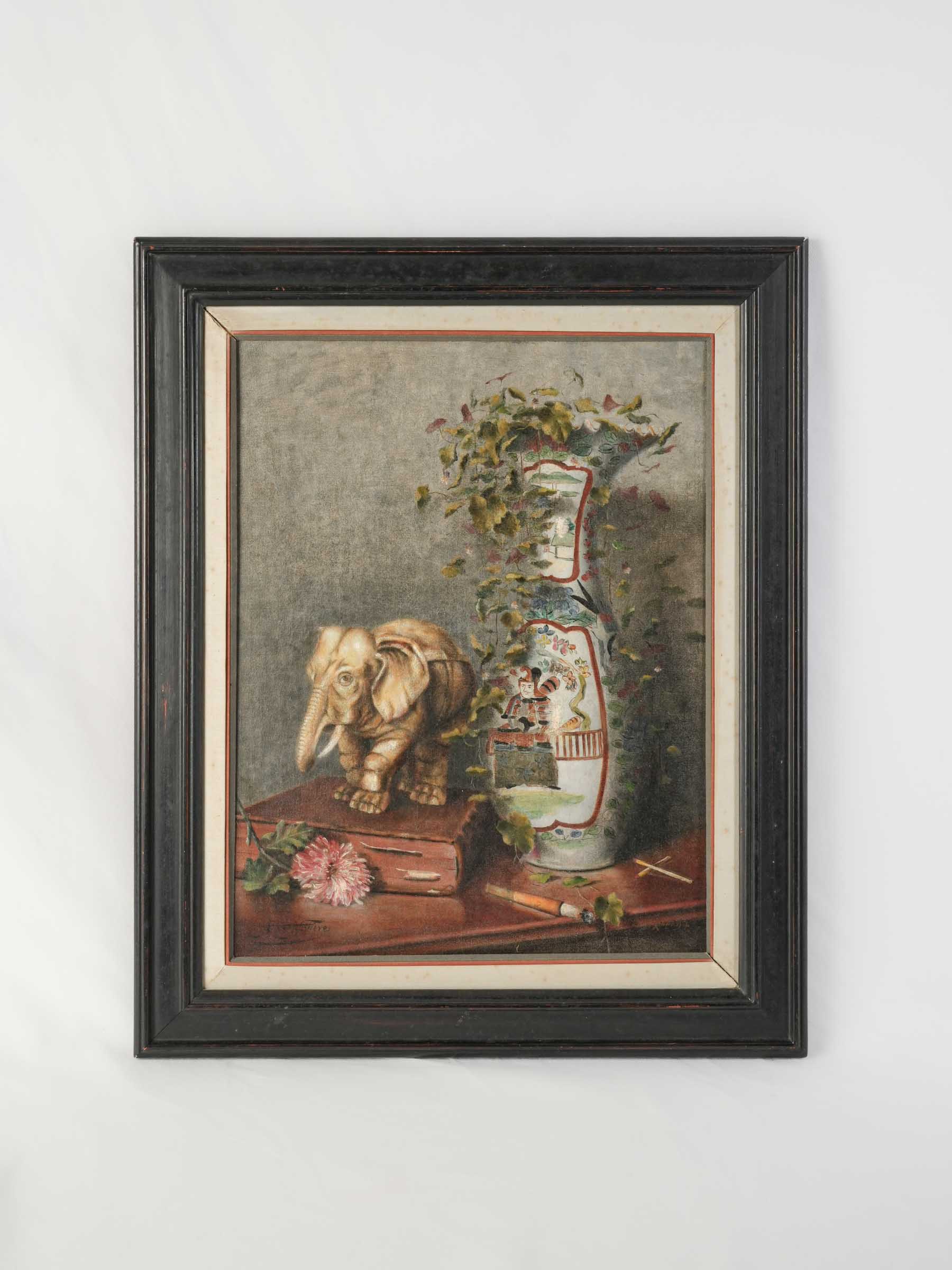 French Symbolic Still Life w/ Japanese Vase and Elephant, 1897 - 26½"