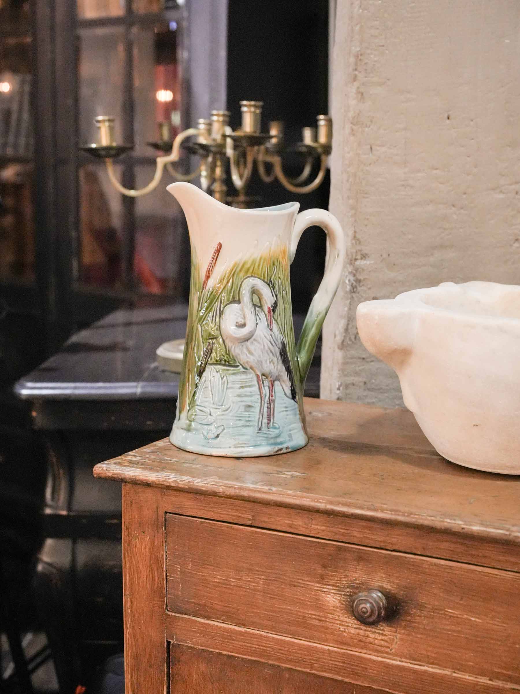 French Art Nouveau Majolica Pitcher w/ Heron Décor, c. 1900 -10¼"