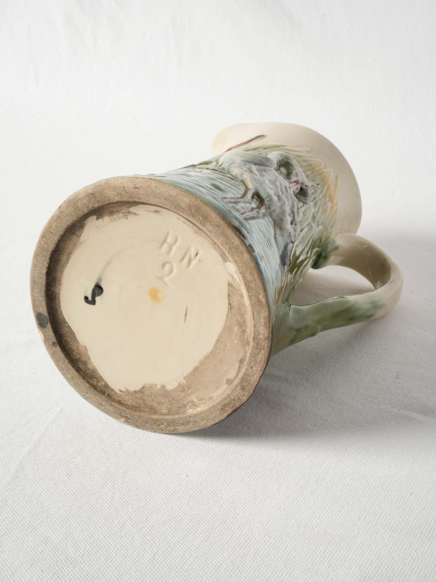 French Art Nouveau Majolica Pitcher w/ Heron Décor, c. 1900 -10¼"