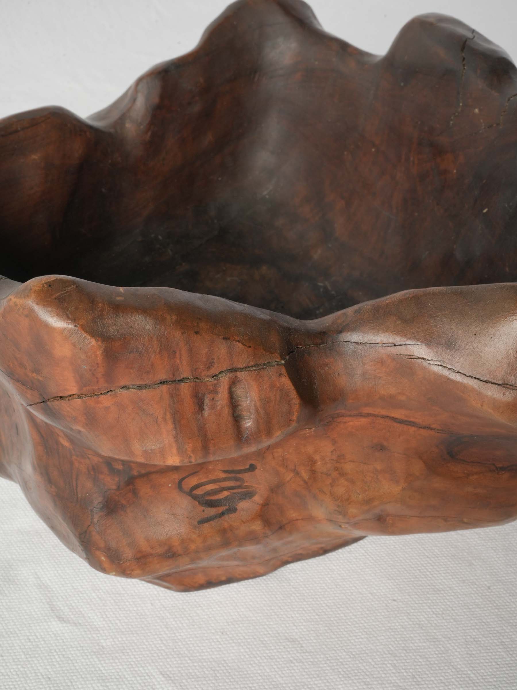 Large Hand-Carved Olivewood Free-Form Bowl, Mid-20th Century - 13"
