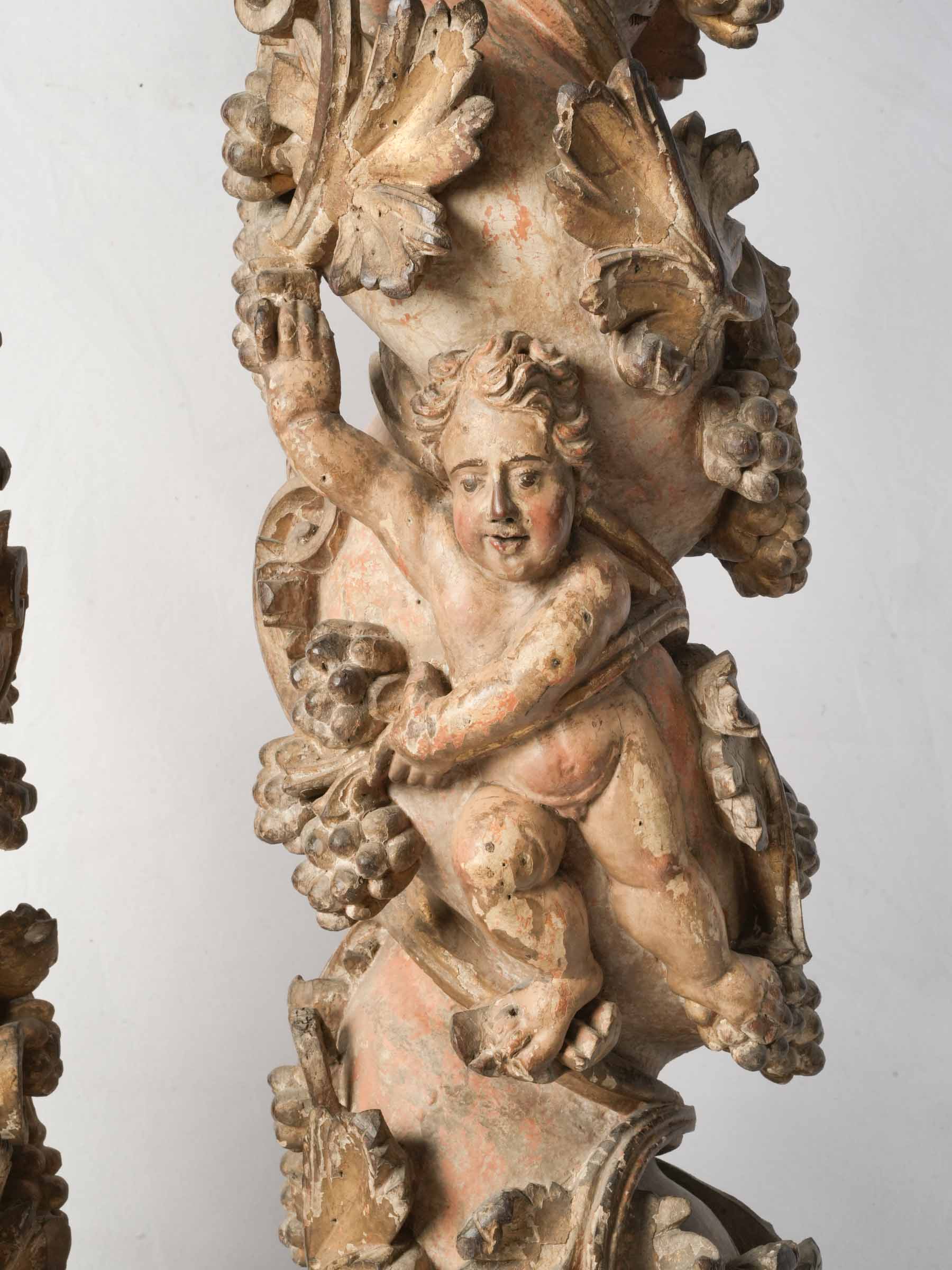 Remarkable Pair of 17th-Century Italian Carved and Giltwood Columns w/ Putti, Birds, and Grapevines - 59"