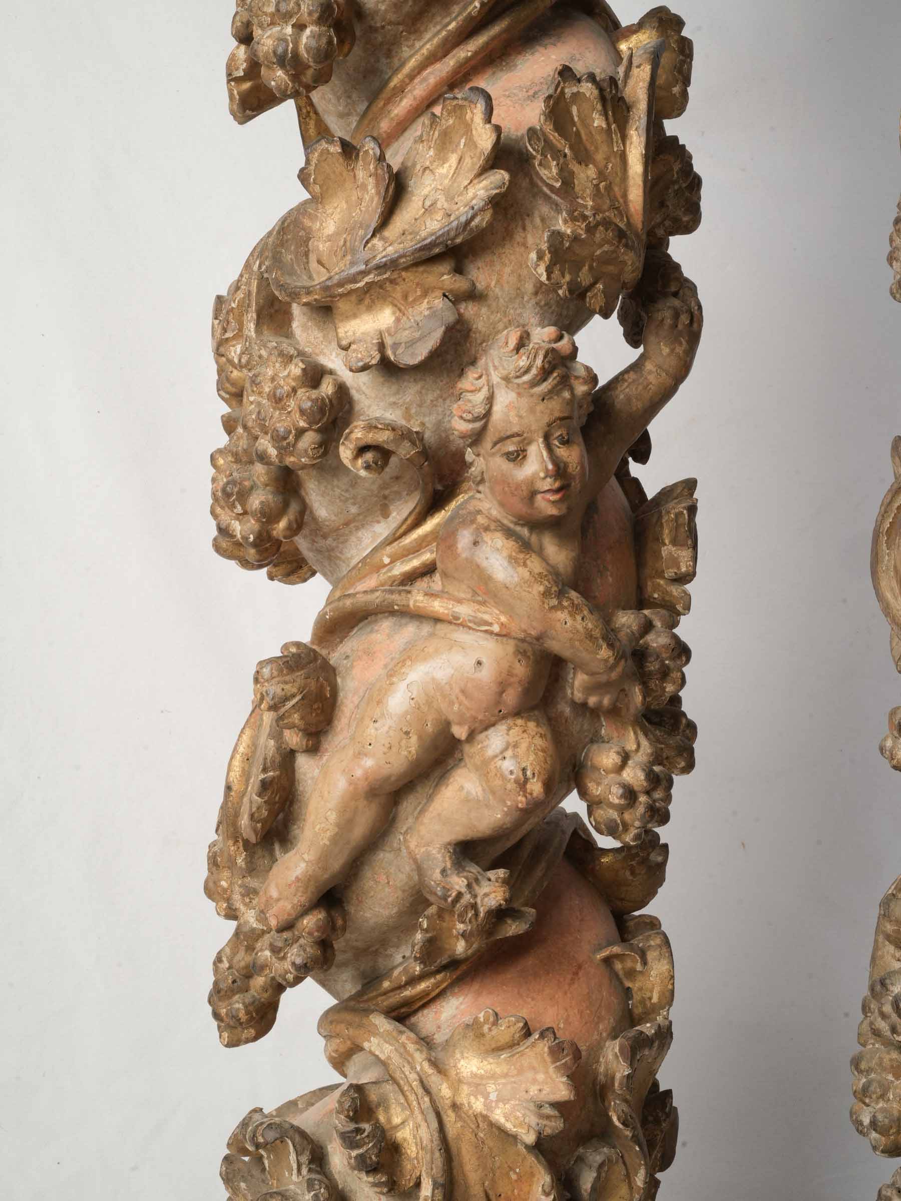 Remarkable Pair of 17th-Century Italian Carved and Giltwood Columns w/ Putti, Birds, and Grapevines - 59"