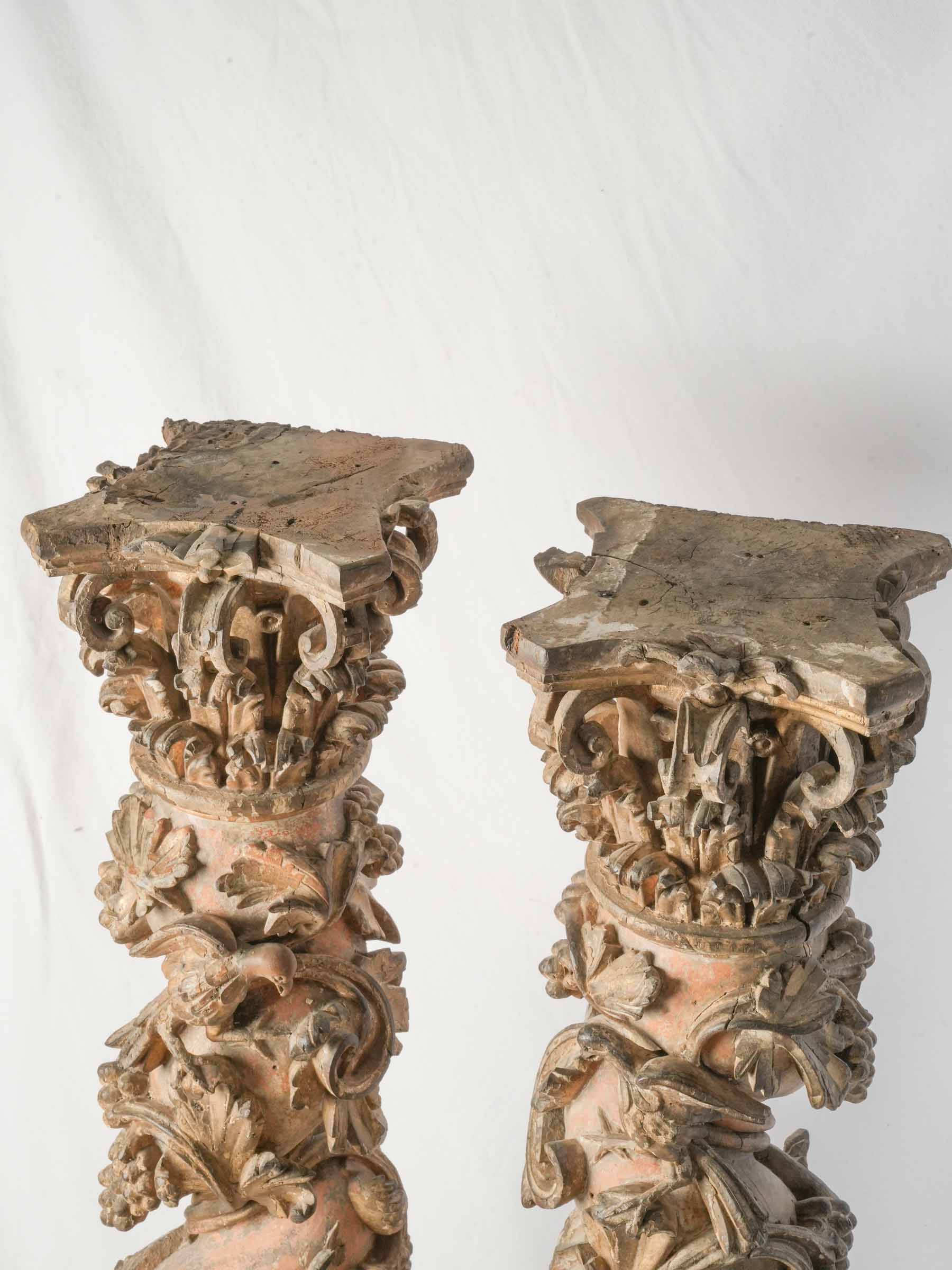 Remarkable Pair of 17th-Century Italian Carved and Giltwood Columns w/ Putti, Birds, and Grapevines - 59"