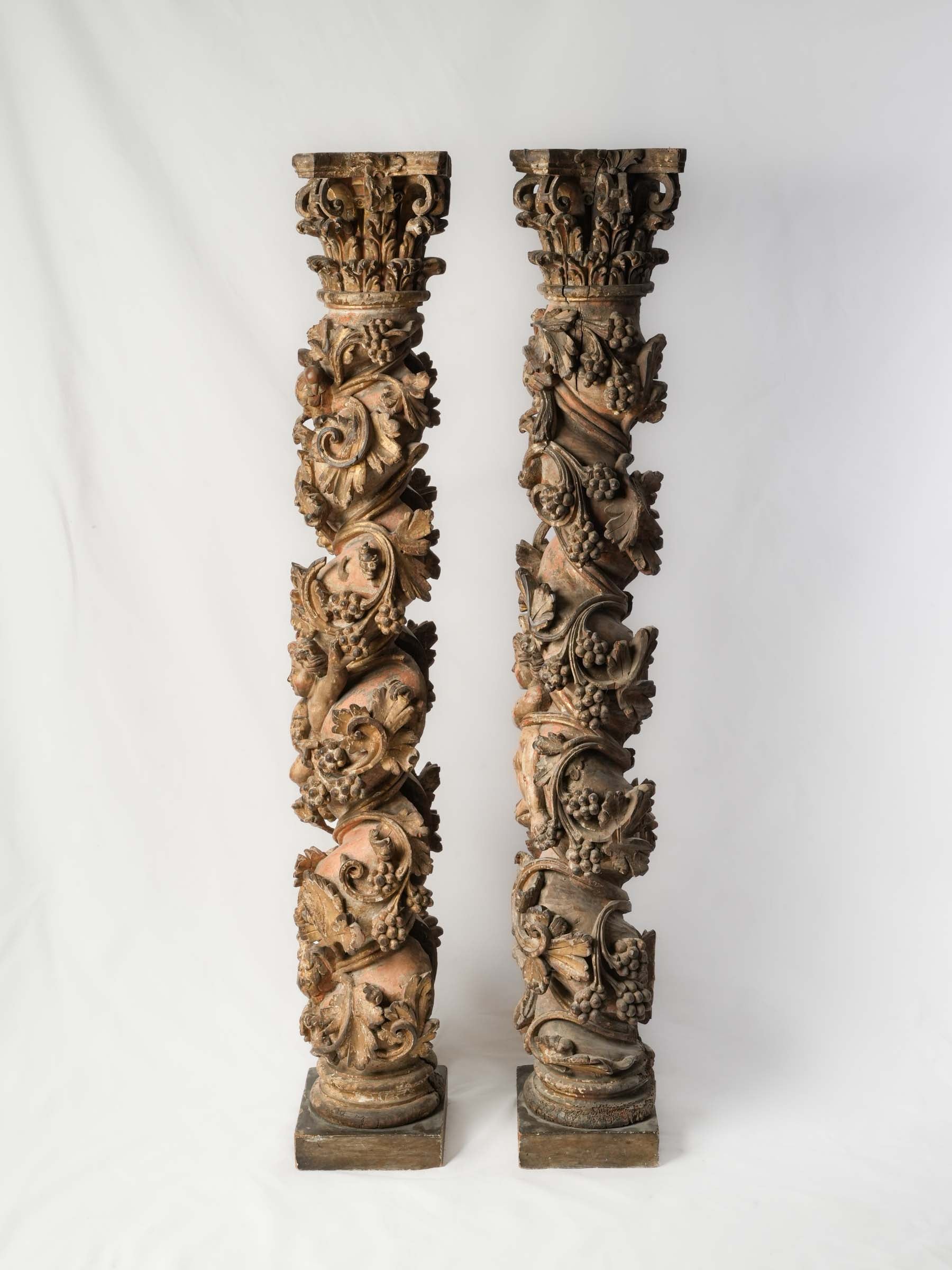 Remarkable Pair of 17th-Century Italian Carved and Giltwood Columns w/ Putti, Birds, and Grapevines - 59"