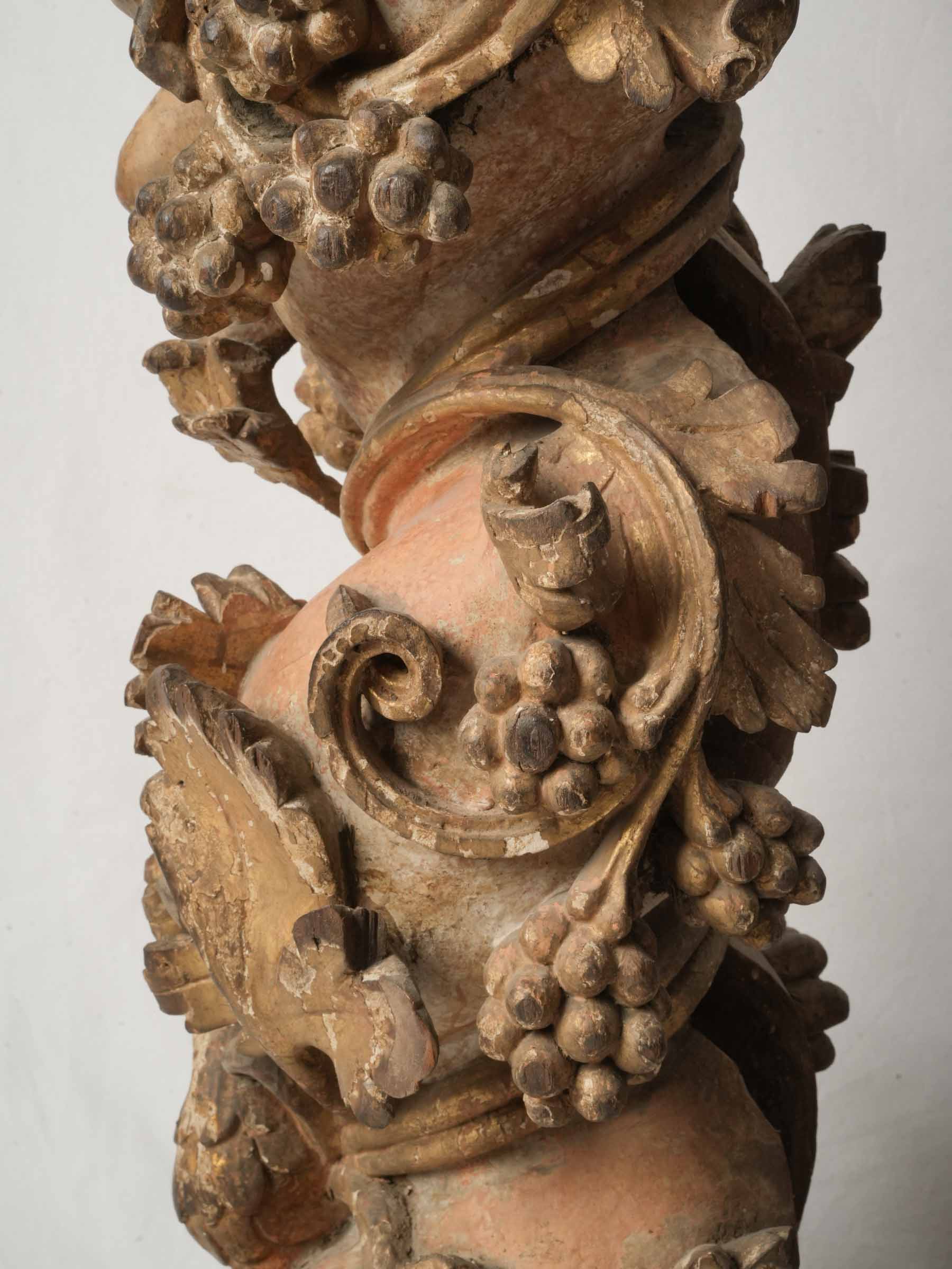 Remarkable Pair of 17th-Century Italian Carved and Giltwood Columns w/ Putti, Birds, and Grapevines - 59"