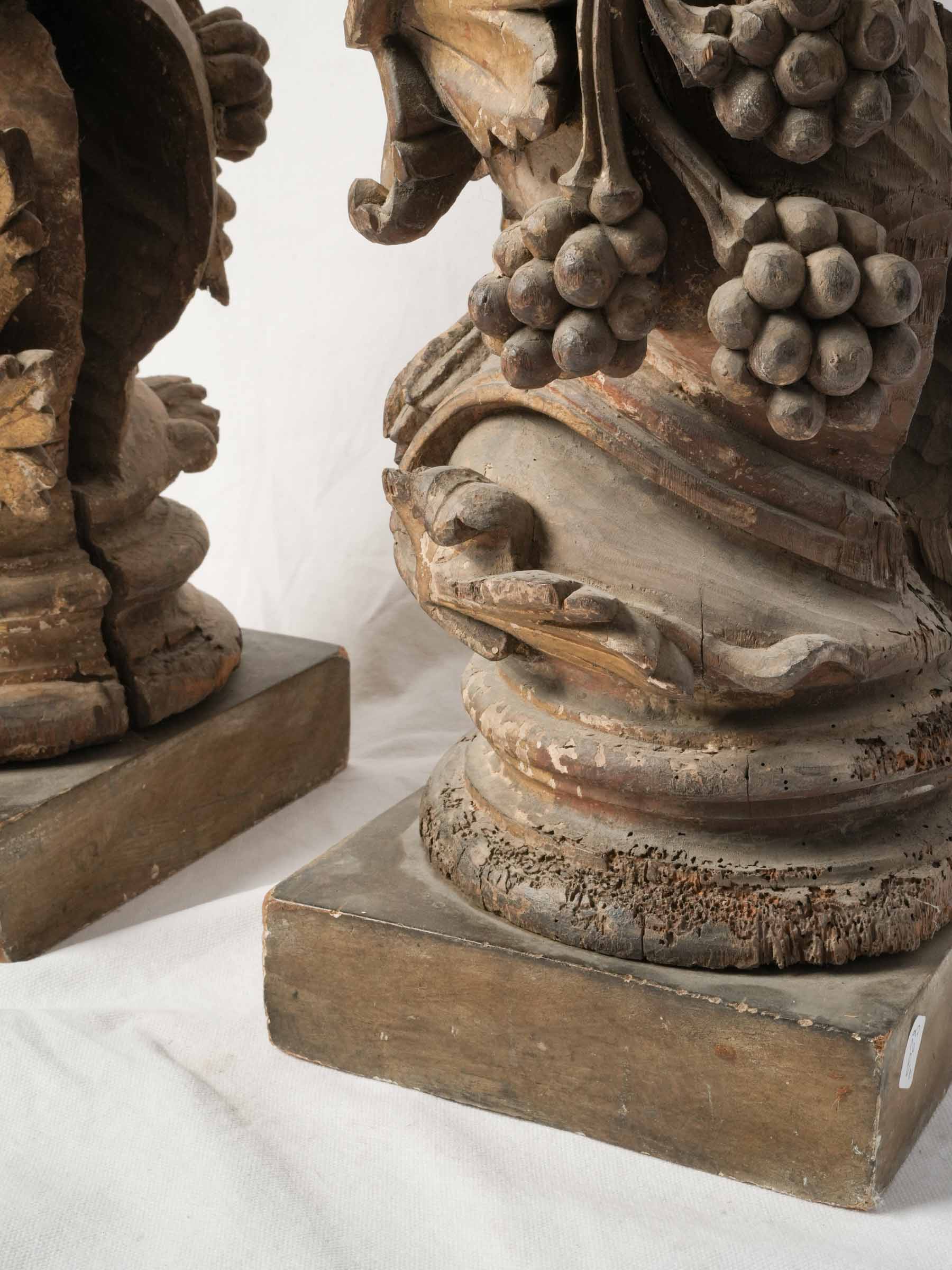 Remarkable Pair of 17th-Century Italian Carved and Giltwood Columns w/ Putti, Birds, and Grapevines - 59"