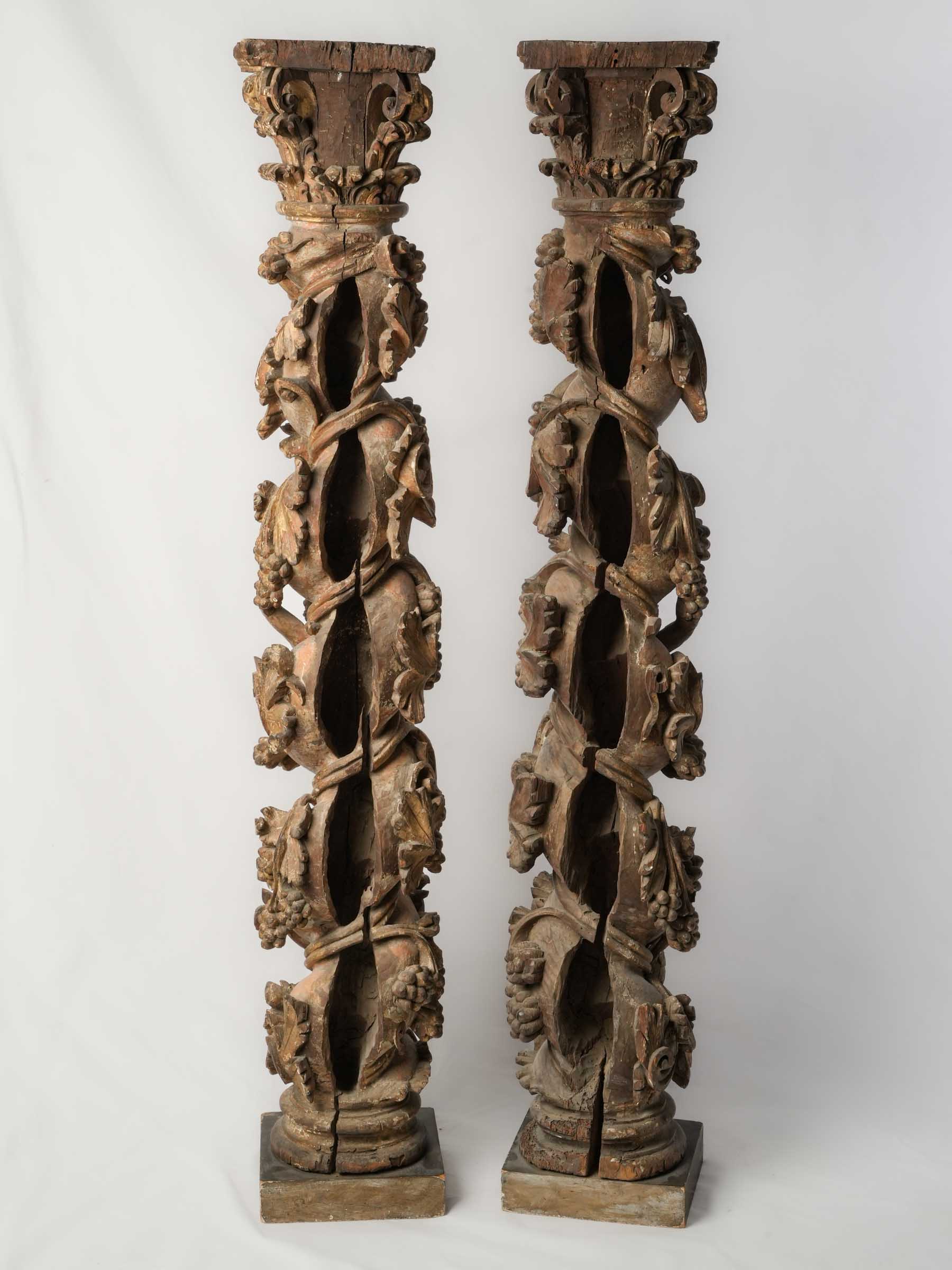 Remarkable Pair of 17th-Century Italian Carved and Giltwood Columns w/ Putti, Birds, and Grapevines - 59"