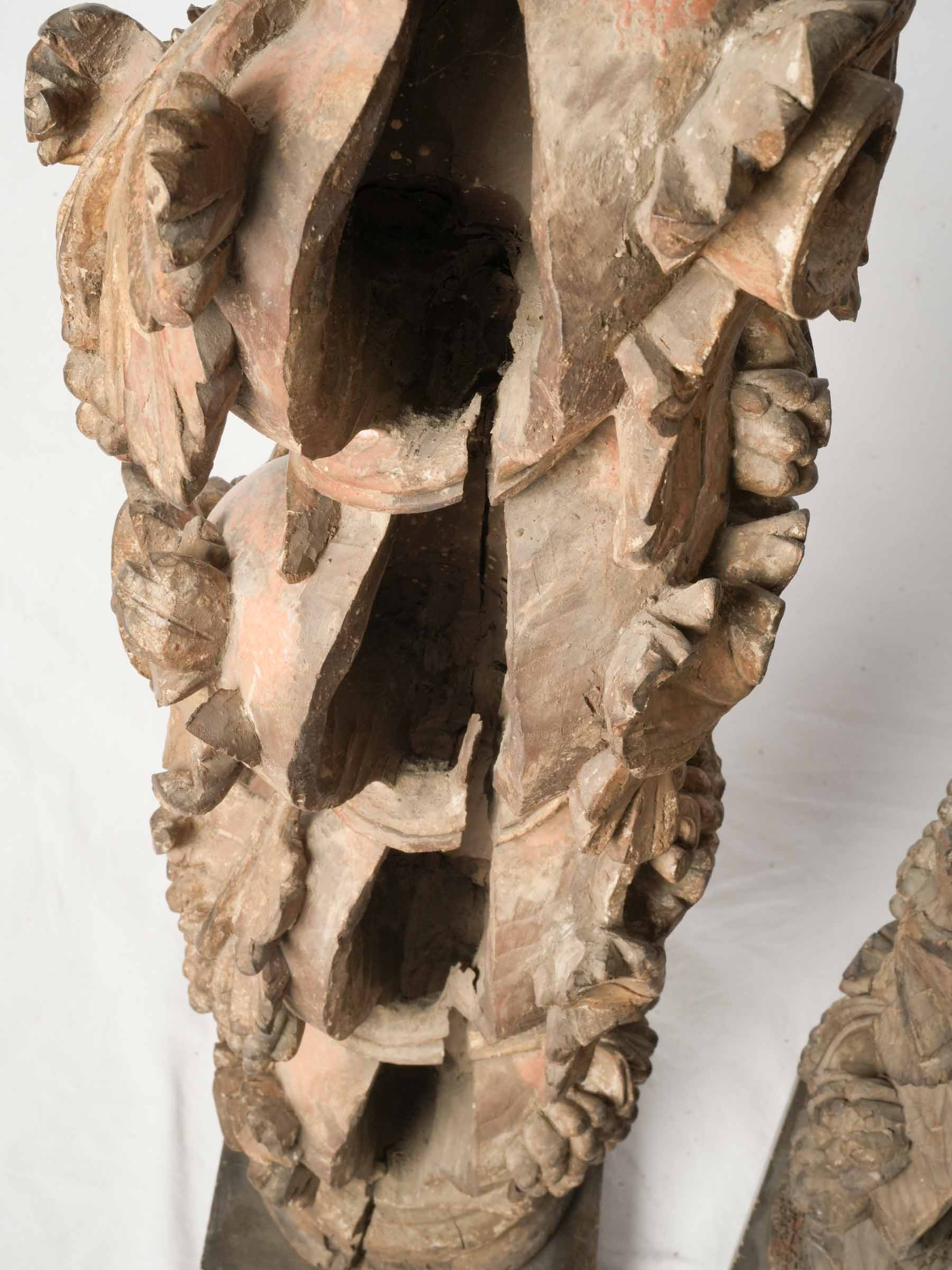 Remarkable Pair of 17th-Century Italian Carved and Giltwood Columns w/ Putti, Birds, and Grapevines - 59"