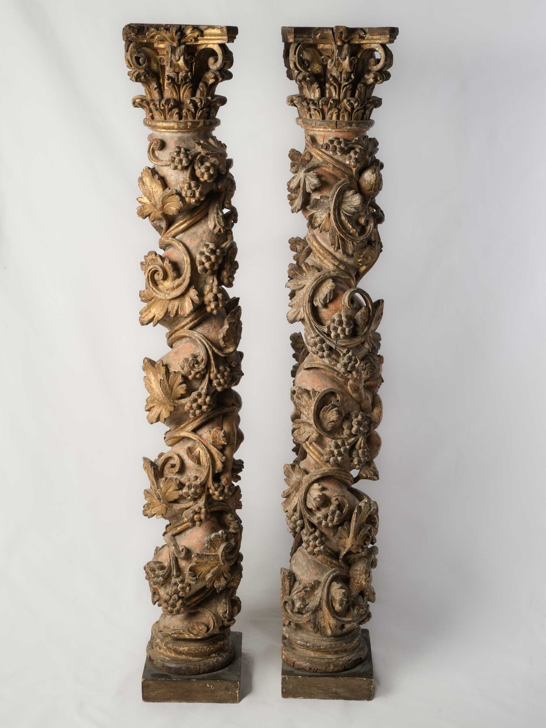 Remarkable Pair of 17th-Century Italian Carved and Giltwood Columns w/ Putti, Birds, and Grapevines - 59"