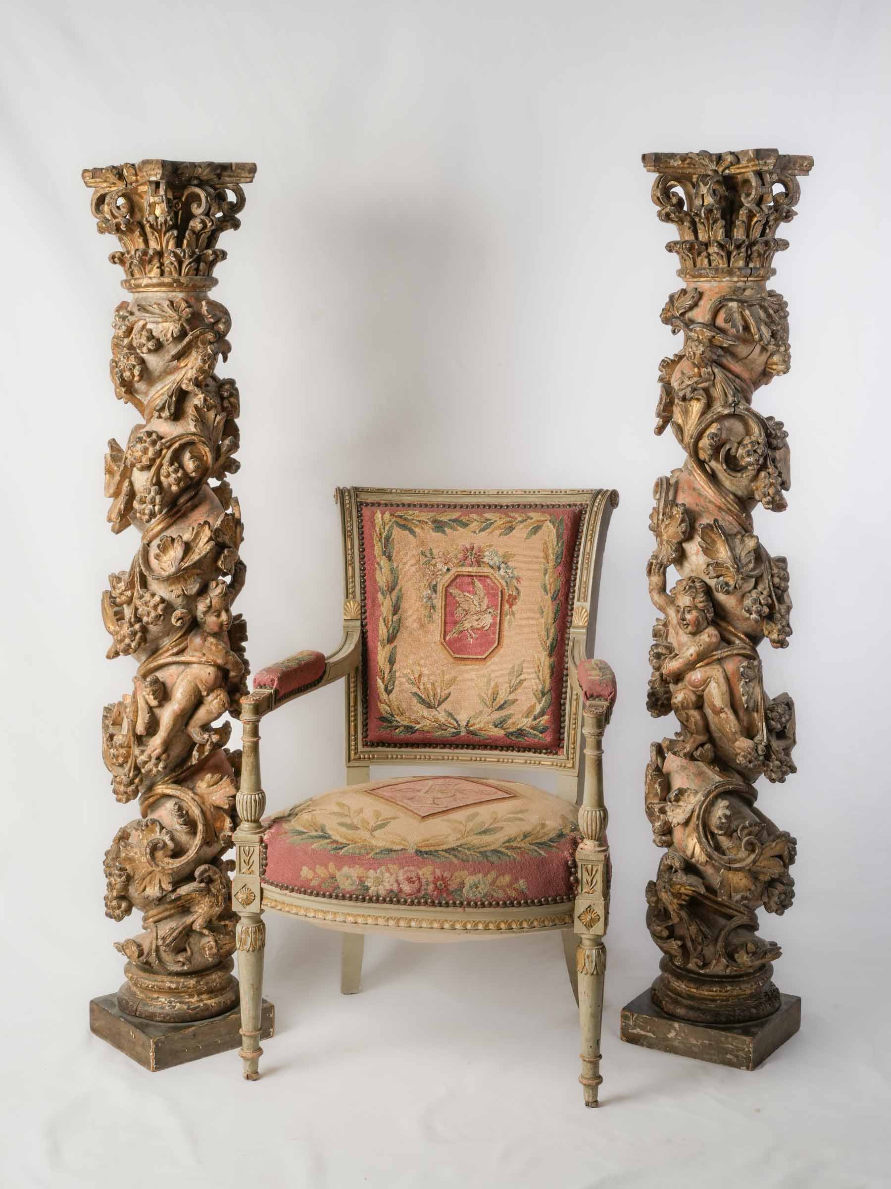 Remarkable Pair of 17th-Century Italian Carved and Giltwood Columns w/ Putti, Birds, and Grapevines - 59"