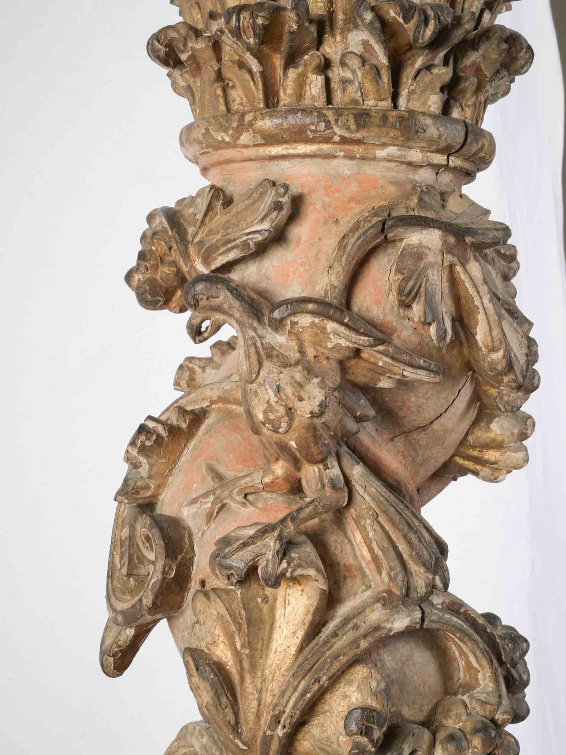 Remarkable Pair of 17th-Century Italian Carved and Giltwood Columns w/ Putti, Birds, and Grapevines - 59"