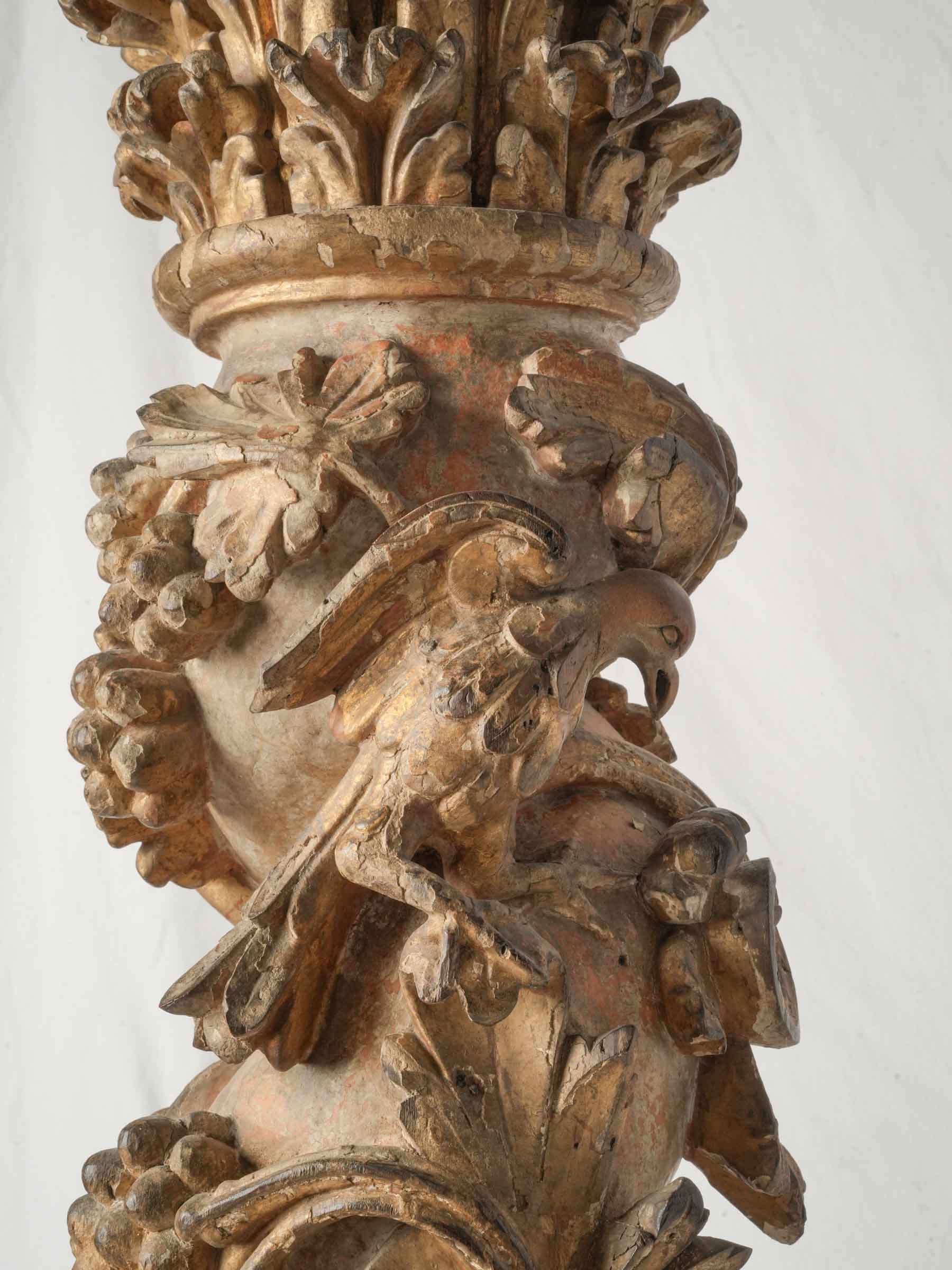 Remarkable Pair of 17th-Century Italian Carved and Giltwood Columns w/ Putti, Birds, and Grapevines - 59"
