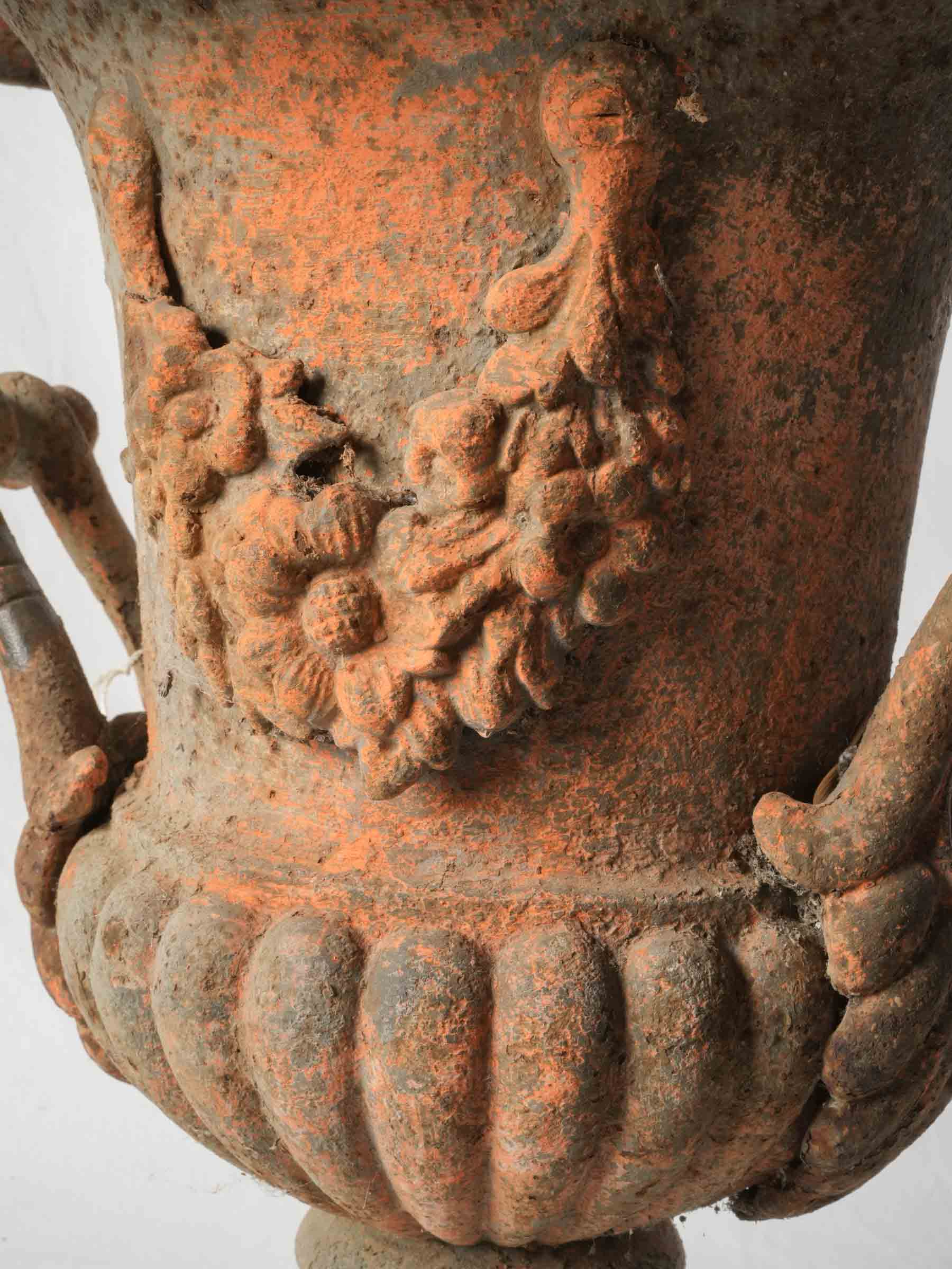 19th-Century French Cast-Iron Medici Urn w/ Garland & Orange Patina - 20¾"