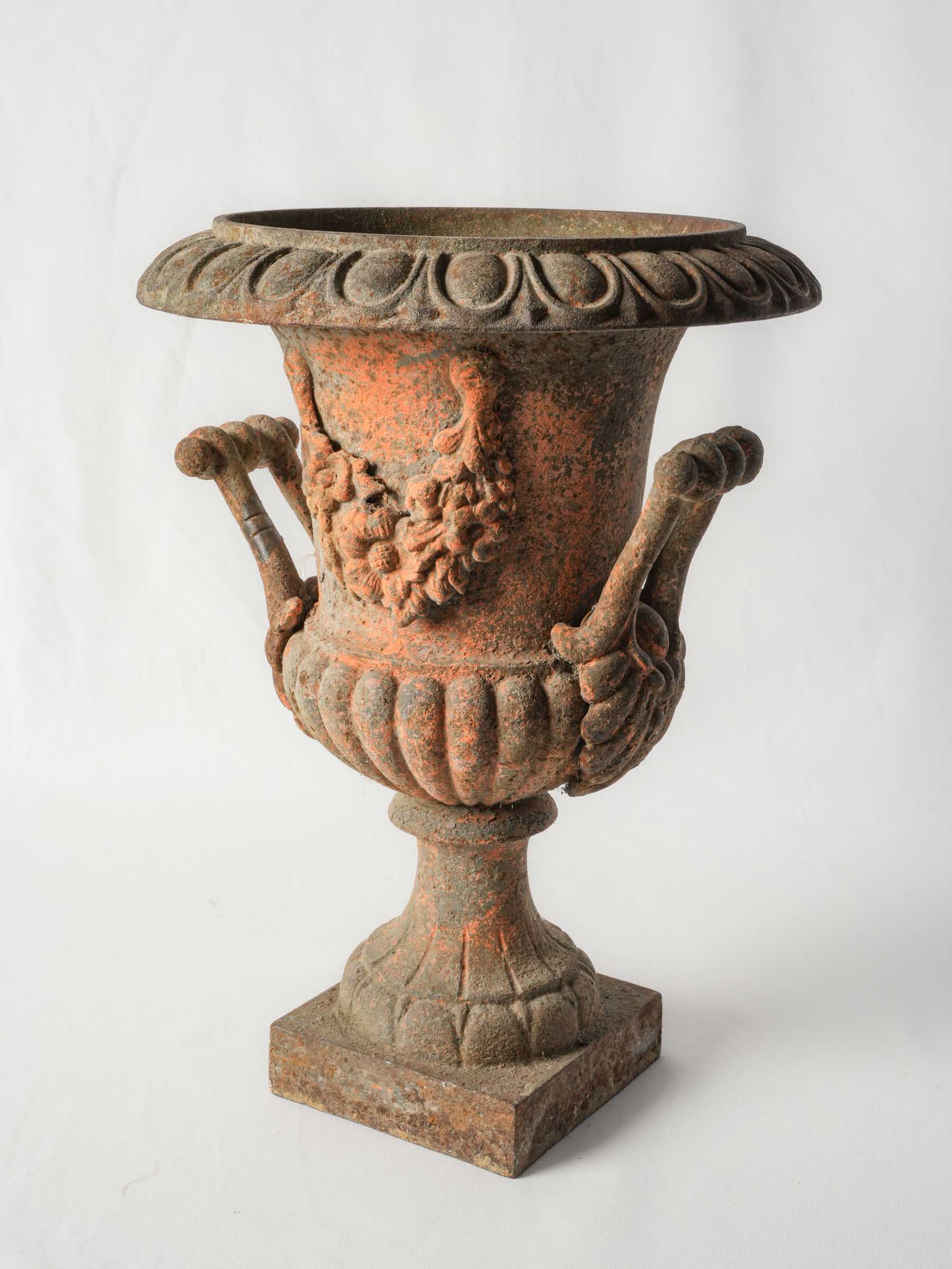 19th-Century French Cast-Iron Medici Urn w/ Garland & Orange Patina - 20¾"