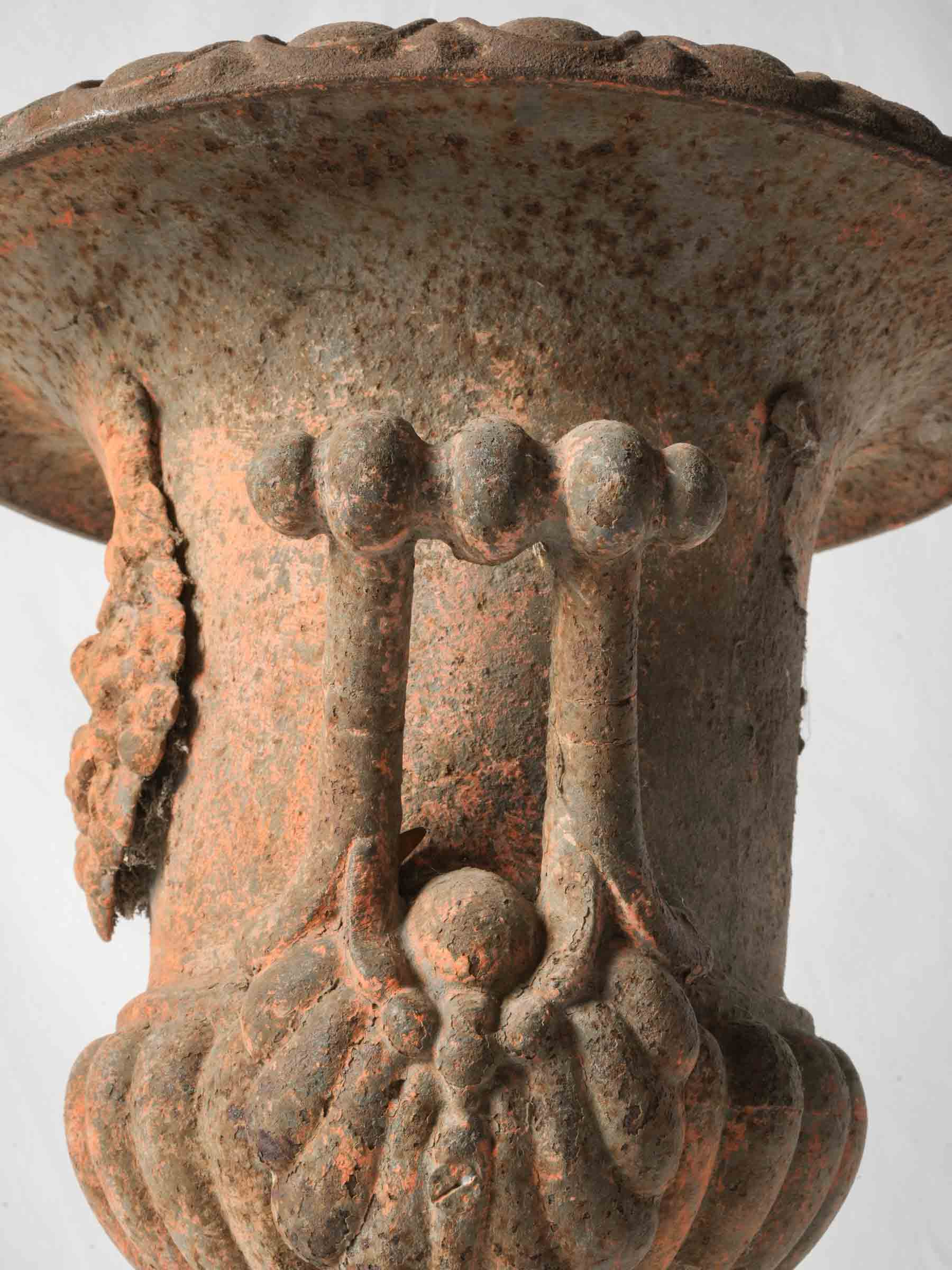 19th-Century French Cast-Iron Medici Urn w/ Garland & Orange Patina - 20¾"