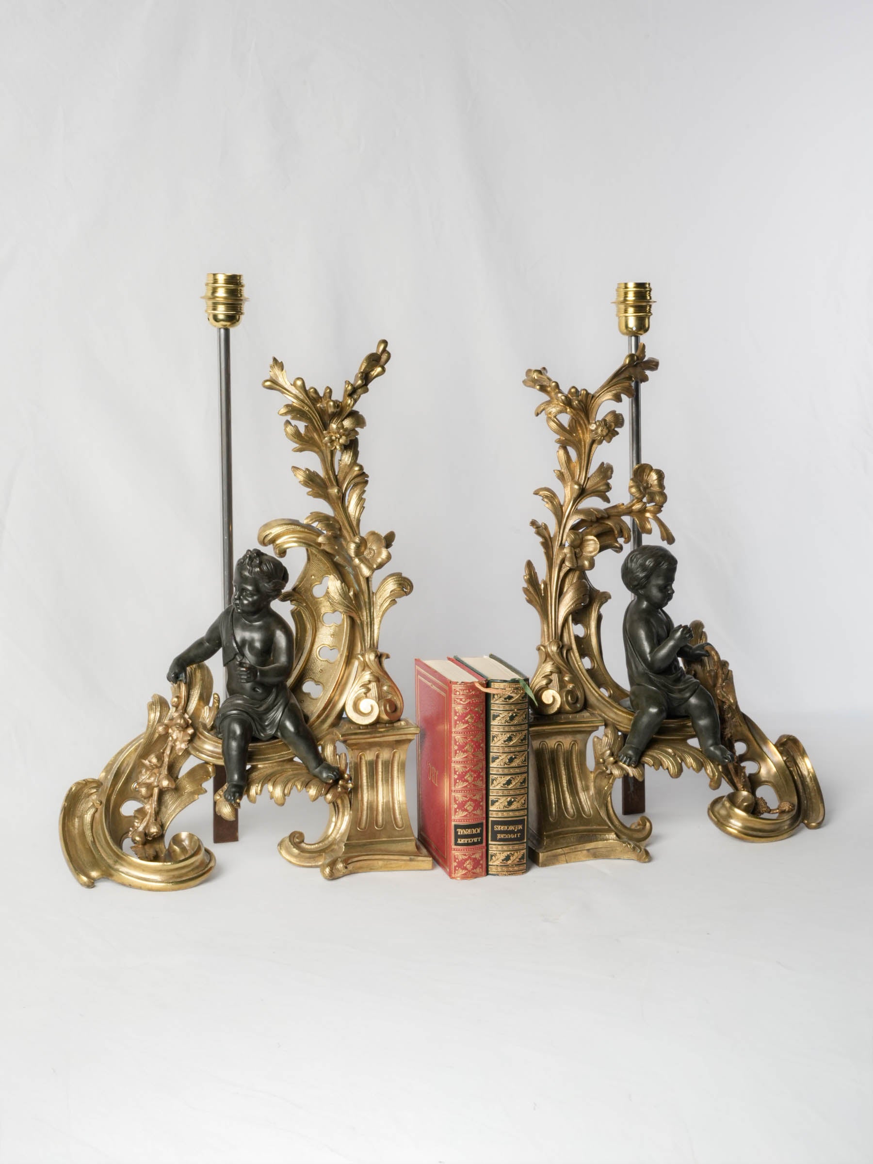 Pair of Spectacular Table Lamps, 19th-Century Louis XV-Style Gilt & Patinated Bronze Andirons - 24¾"