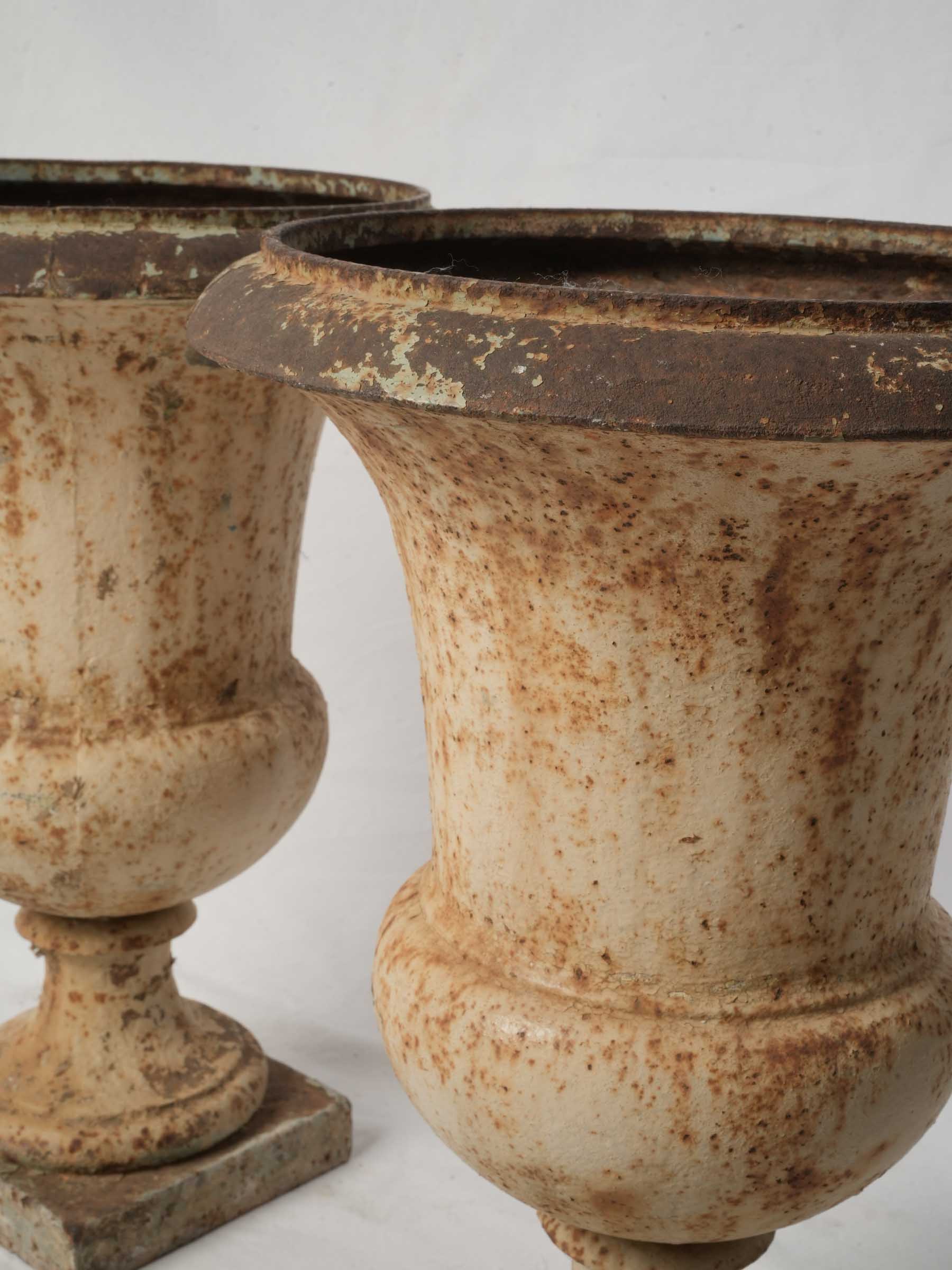 Pair of Antique French Cast Iron Medici Urns w/ Mottled Aged Patina - 20¾" x 15"