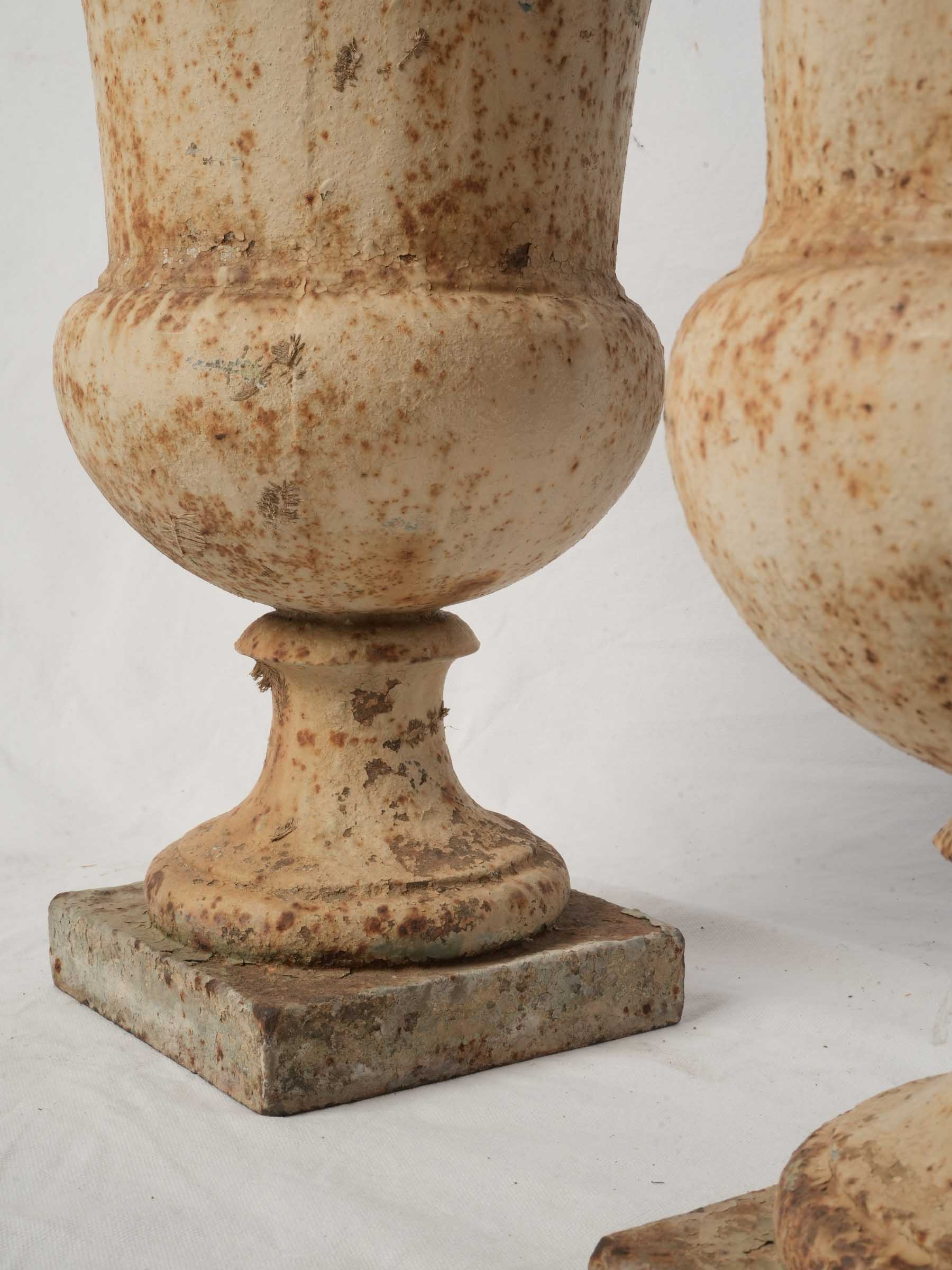 Pair of Antique French Cast Iron Medici Urns w/ Mottled Aged Patina - 20¾" x 15"