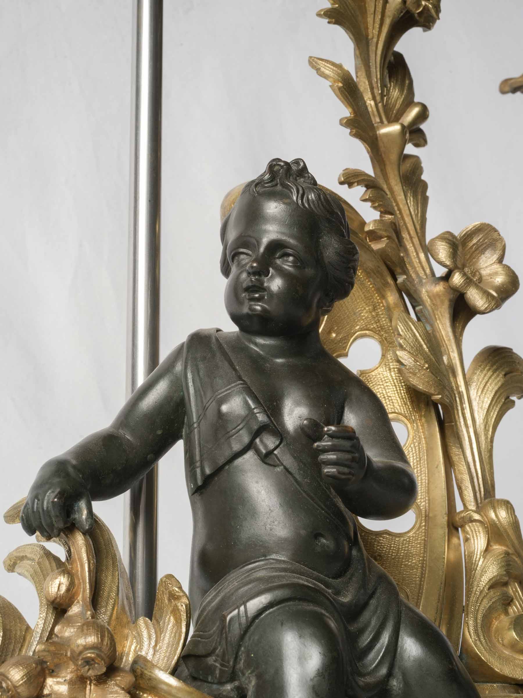 Pair of Spectacular Table Lamps, 19th-Century Louis XV-Style Gilt & Patinated Bronze Andirons - 24¾"