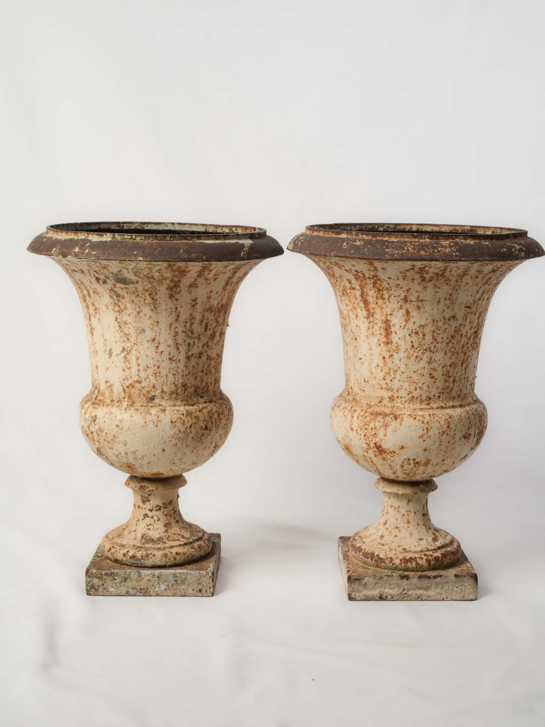 Pair of Antique French Cast Iron Medici Urns w/ Mottled Aged Patina - 20¾" x 15"