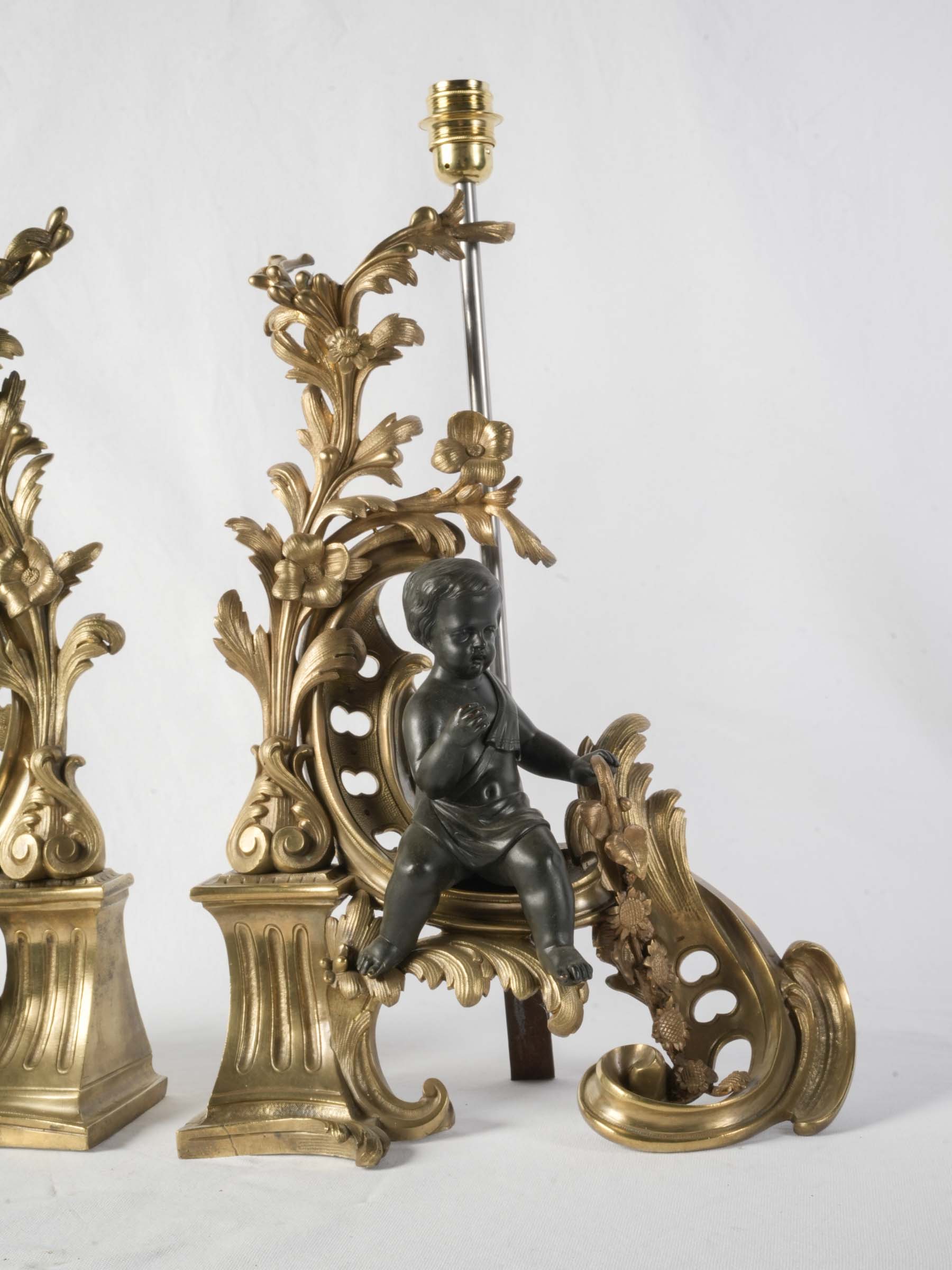 Pair of Spectacular Table Lamps, 19th-Century Louis XV-Style Gilt & Patinated Bronze Andirons - 24¾"
