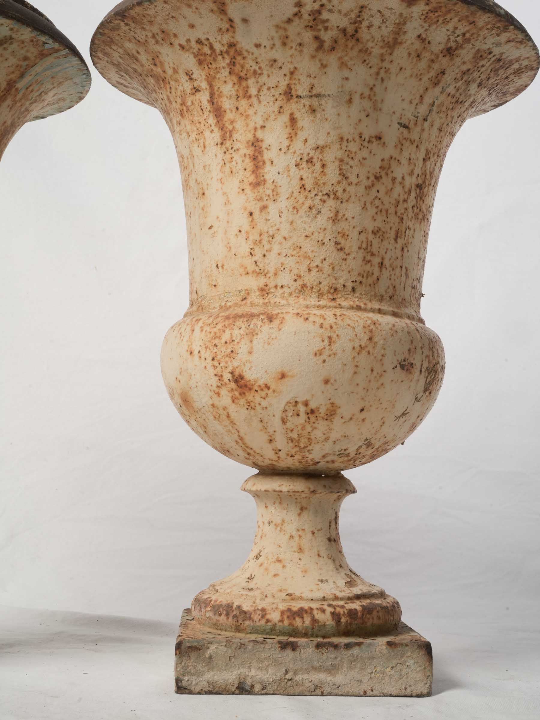 Pair of Antique French Cast Iron Medici Urns w/ Mottled Aged Patina - 20¾" x 15"