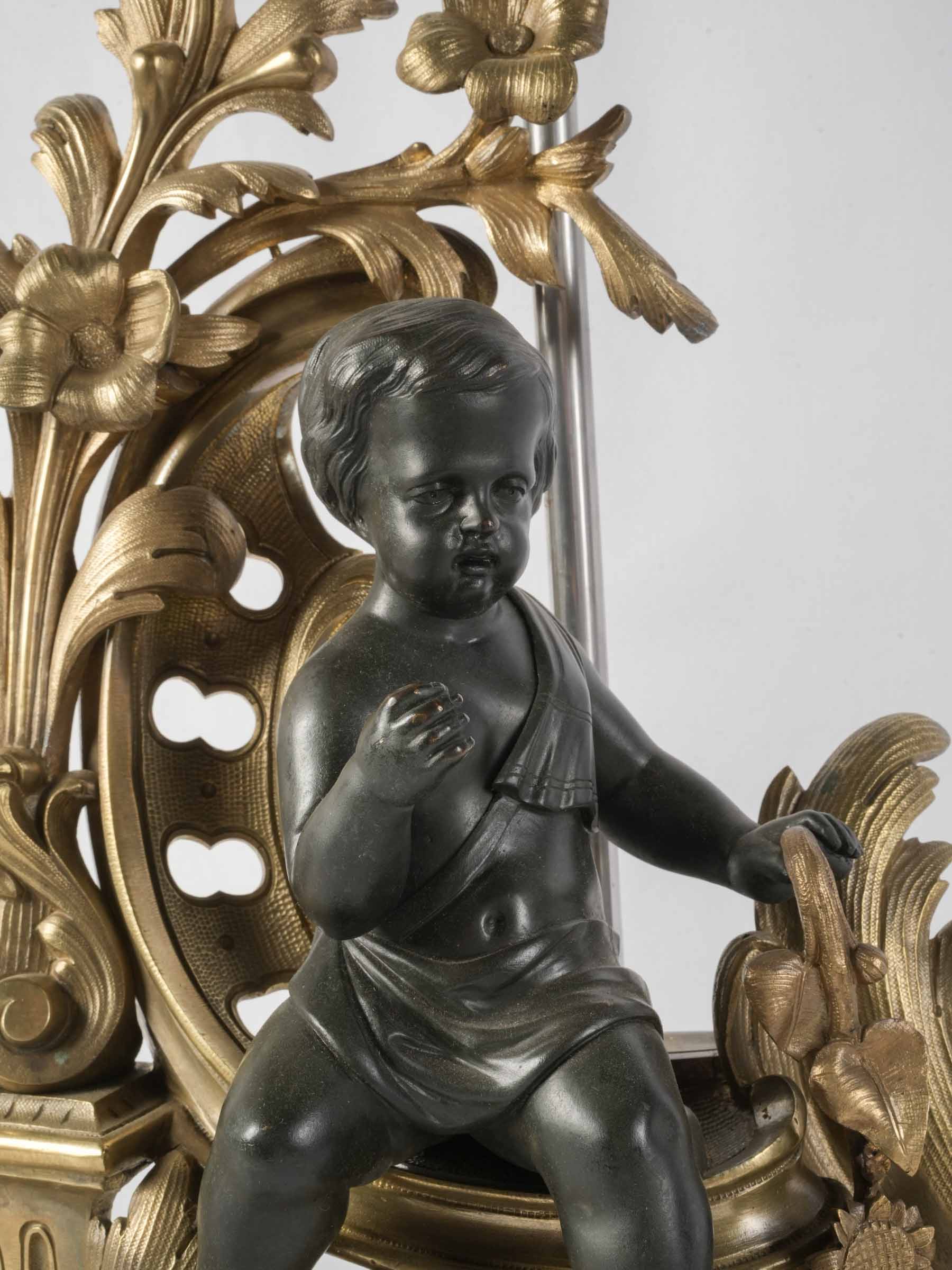 Pair of Spectacular Table Lamps, 19th-Century Louis XV-Style Gilt & Patinated Bronze Andirons - 24¾"