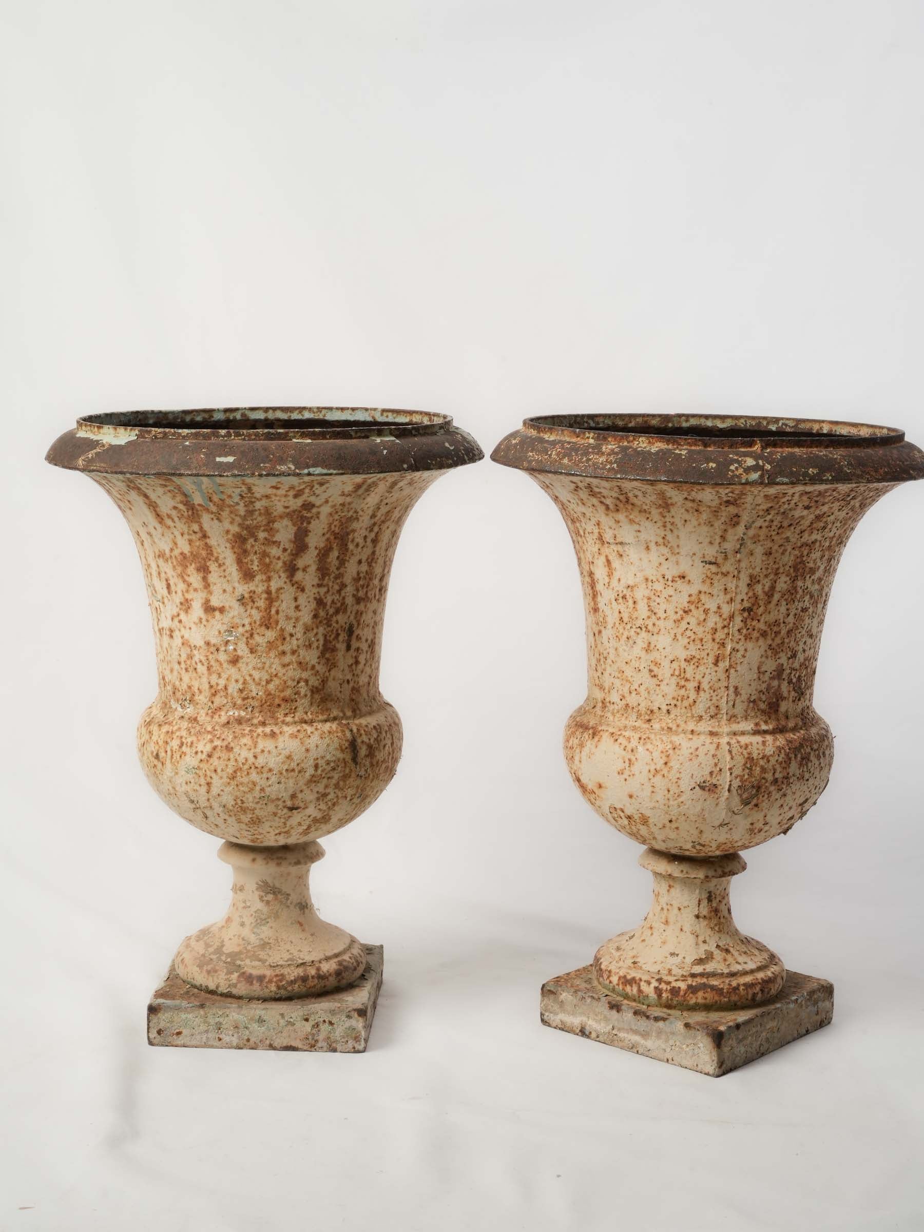 Pair of Antique French Cast Iron Medici Urns w/ Mottled Aged Patina - 20¾" x 15"