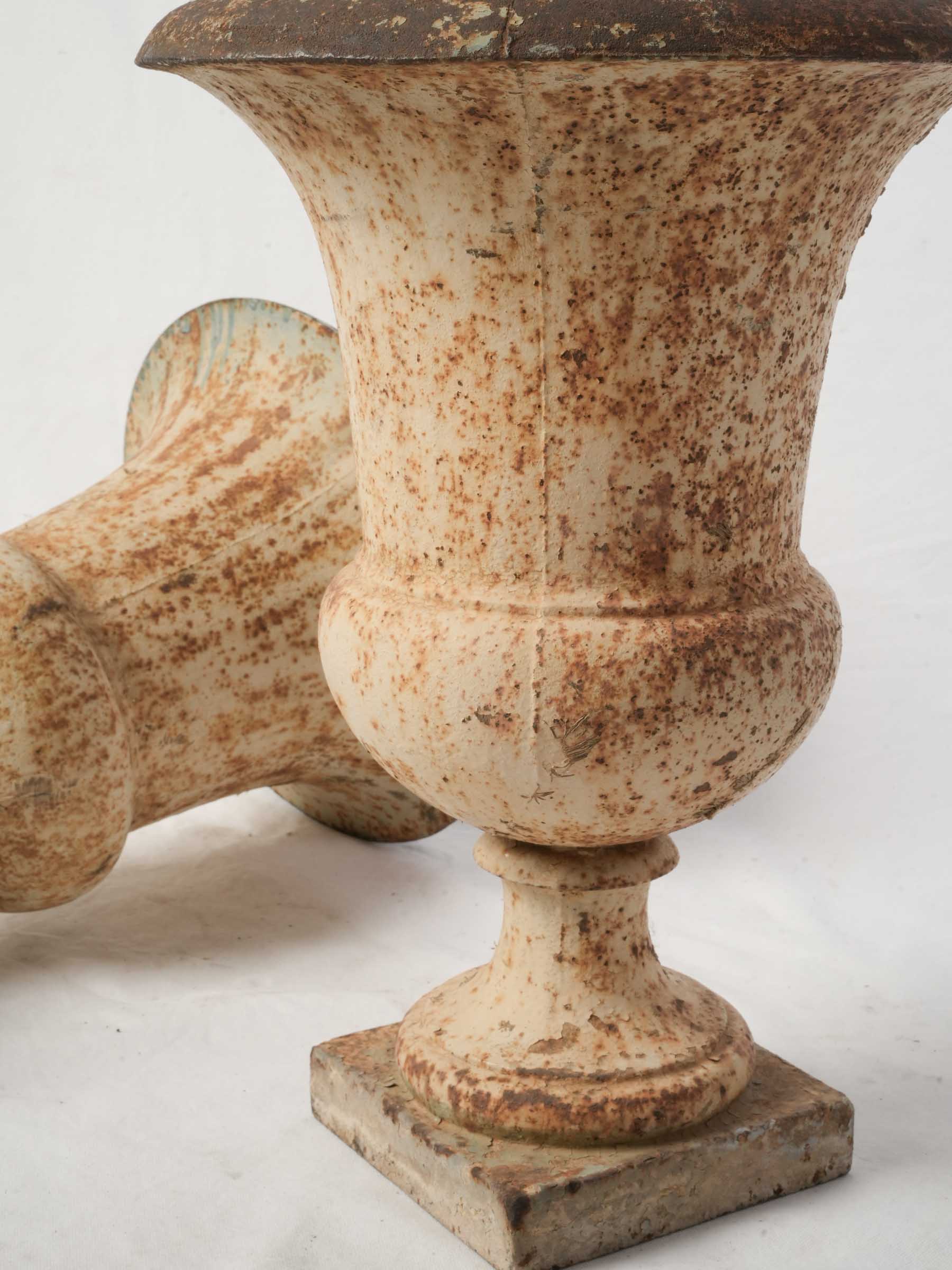 Pair of Antique French Cast Iron Medici Urns w/ Mottled Aged Patina - 20¾" x 15"