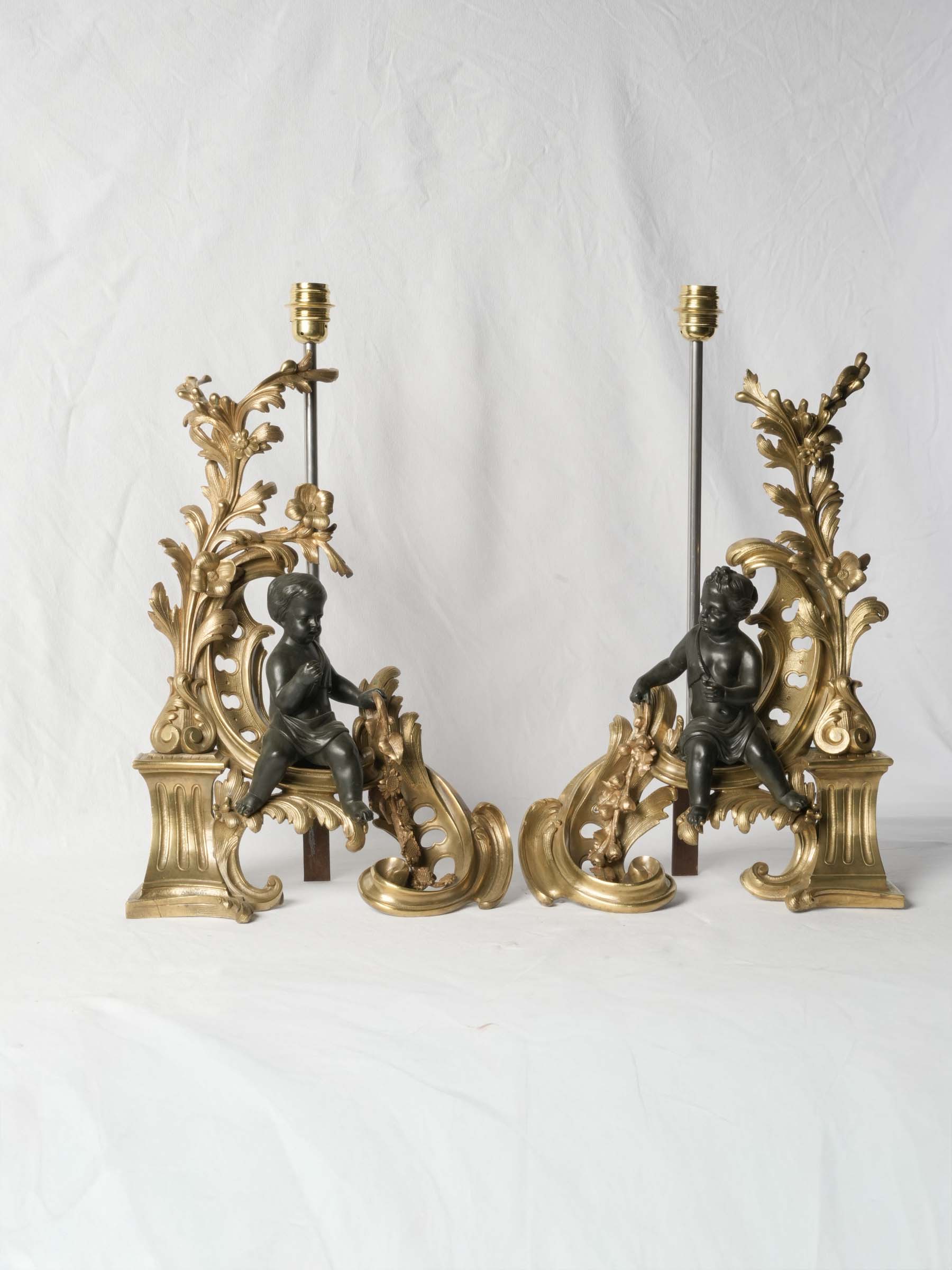 Pair of Spectacular Table Lamps, 19th-Century Louis XV-Style Gilt & Patinated Bronze Andirons - 24¾"