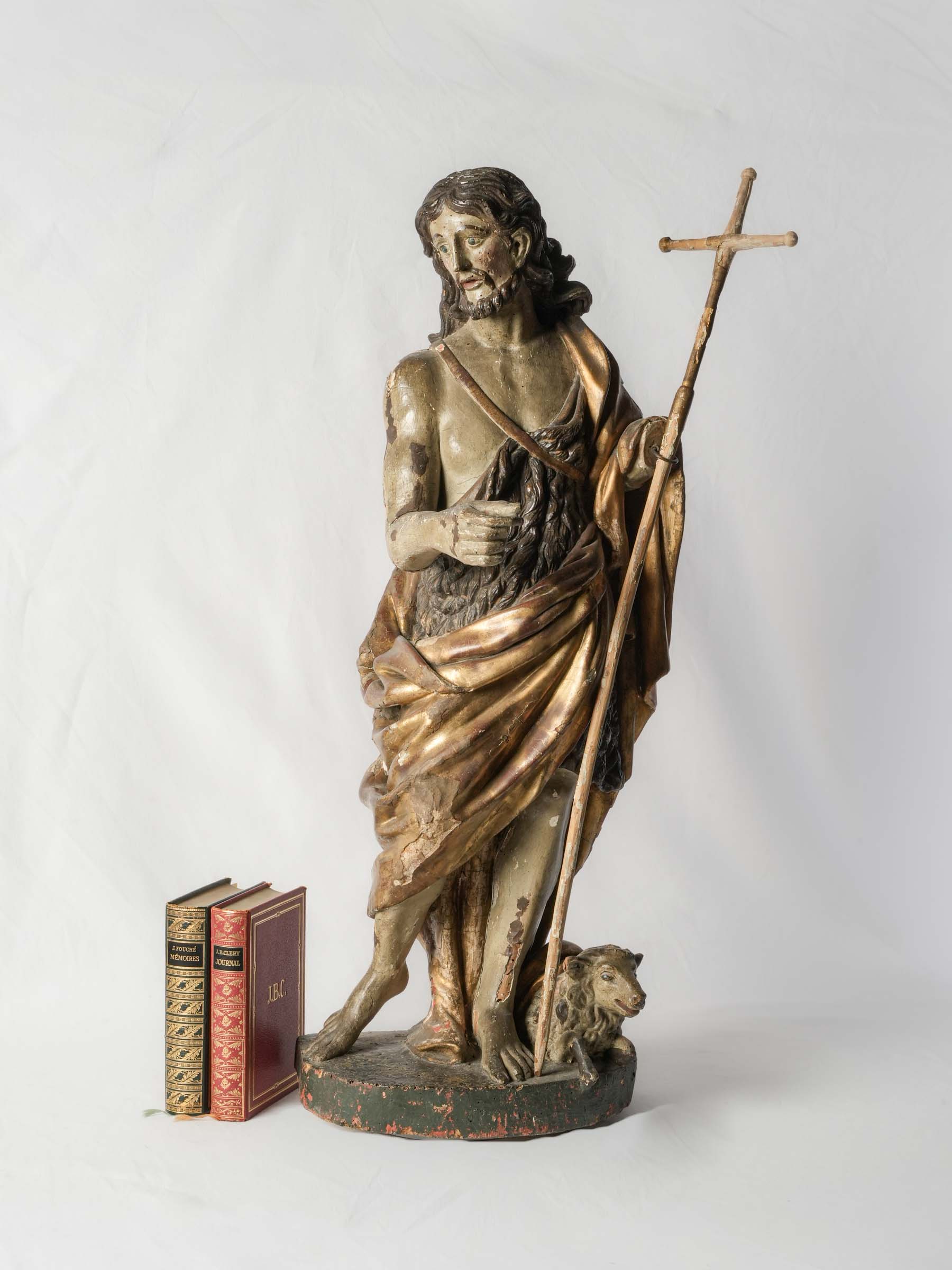Rare Large Polychrome & Giltwood Sculpture of Saint John the Baptist, Early 18th Century - 37"