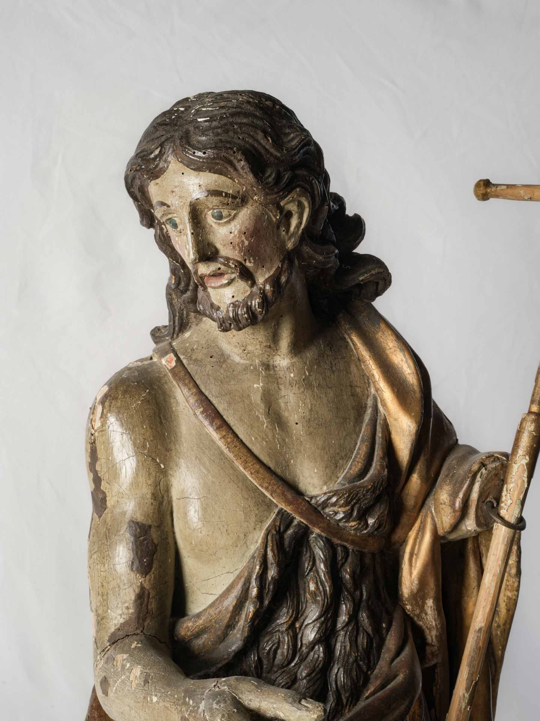 Rare Large Polychrome & Giltwood Sculpture of Saint John the Baptist, Early 18th Century - 37"