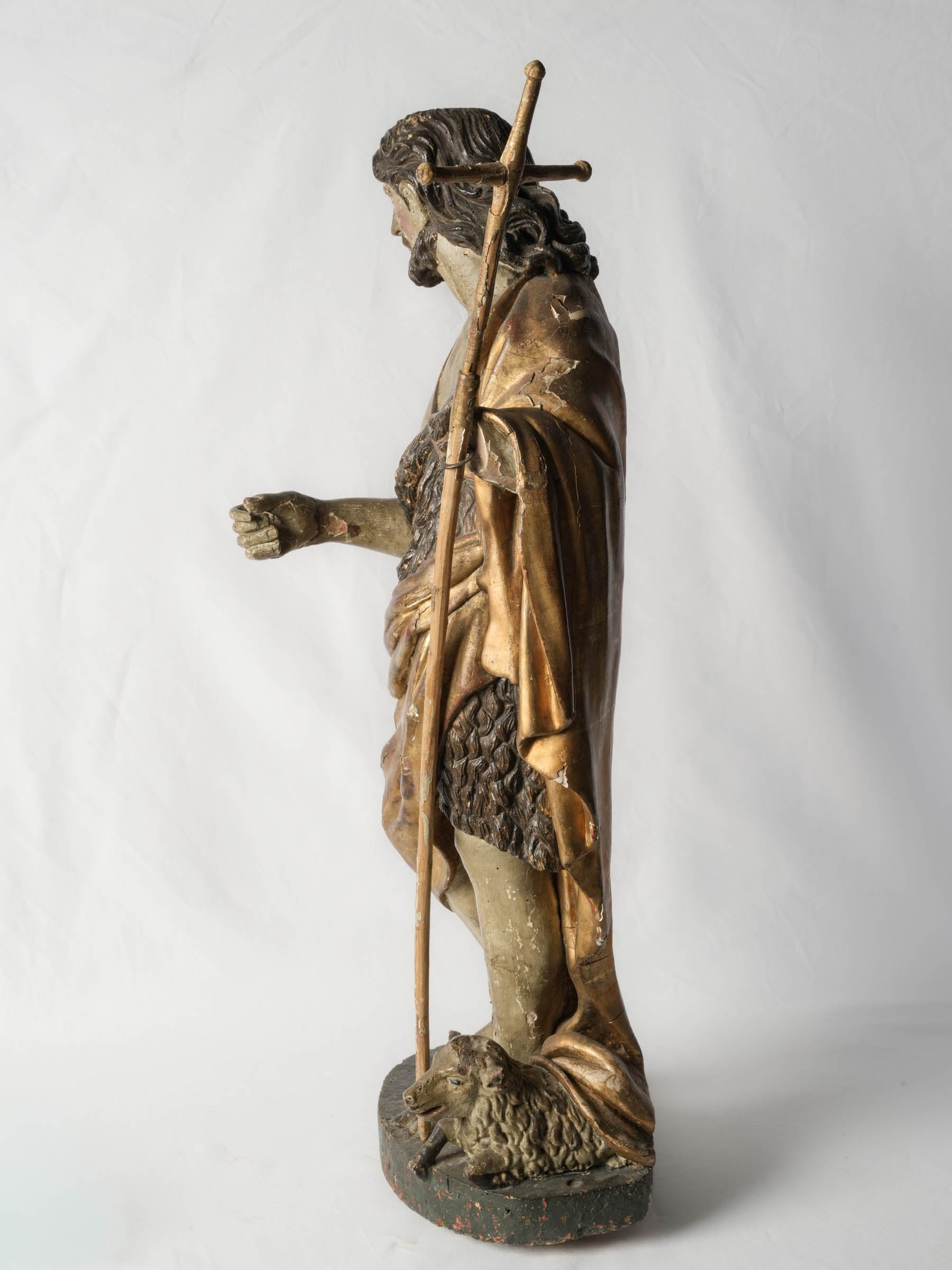 Rare Large Polychrome & Giltwood Sculpture of Saint John the Baptist, Early 18th Century - 37"