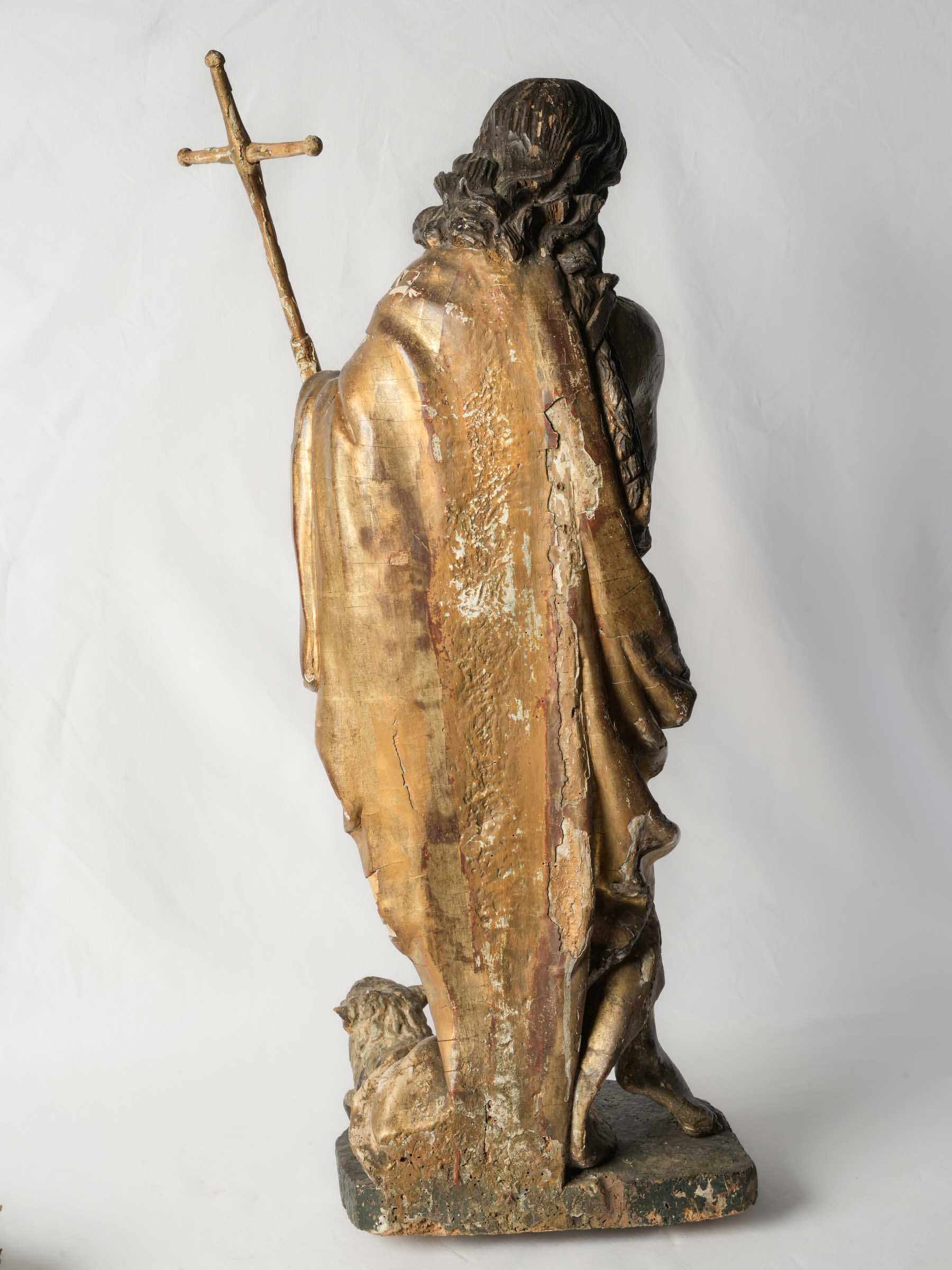 Rare Large Polychrome & Giltwood Sculpture of Saint John the Baptist, Early 18th Century - 37"