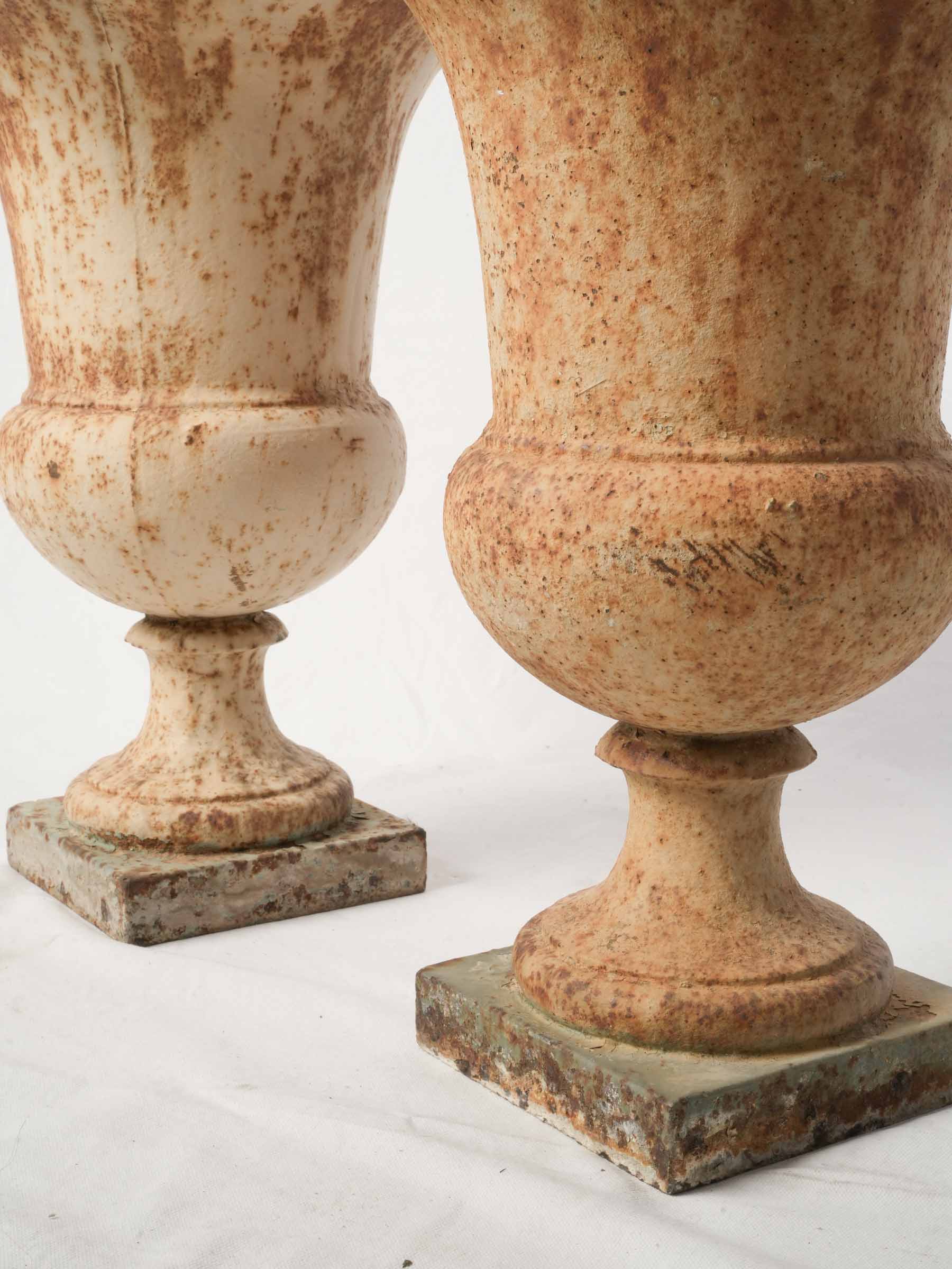 Pair of Neoclassical Cast Iron Medici Urns w/ Rich Oxidized Patina - 21¼" x 15"