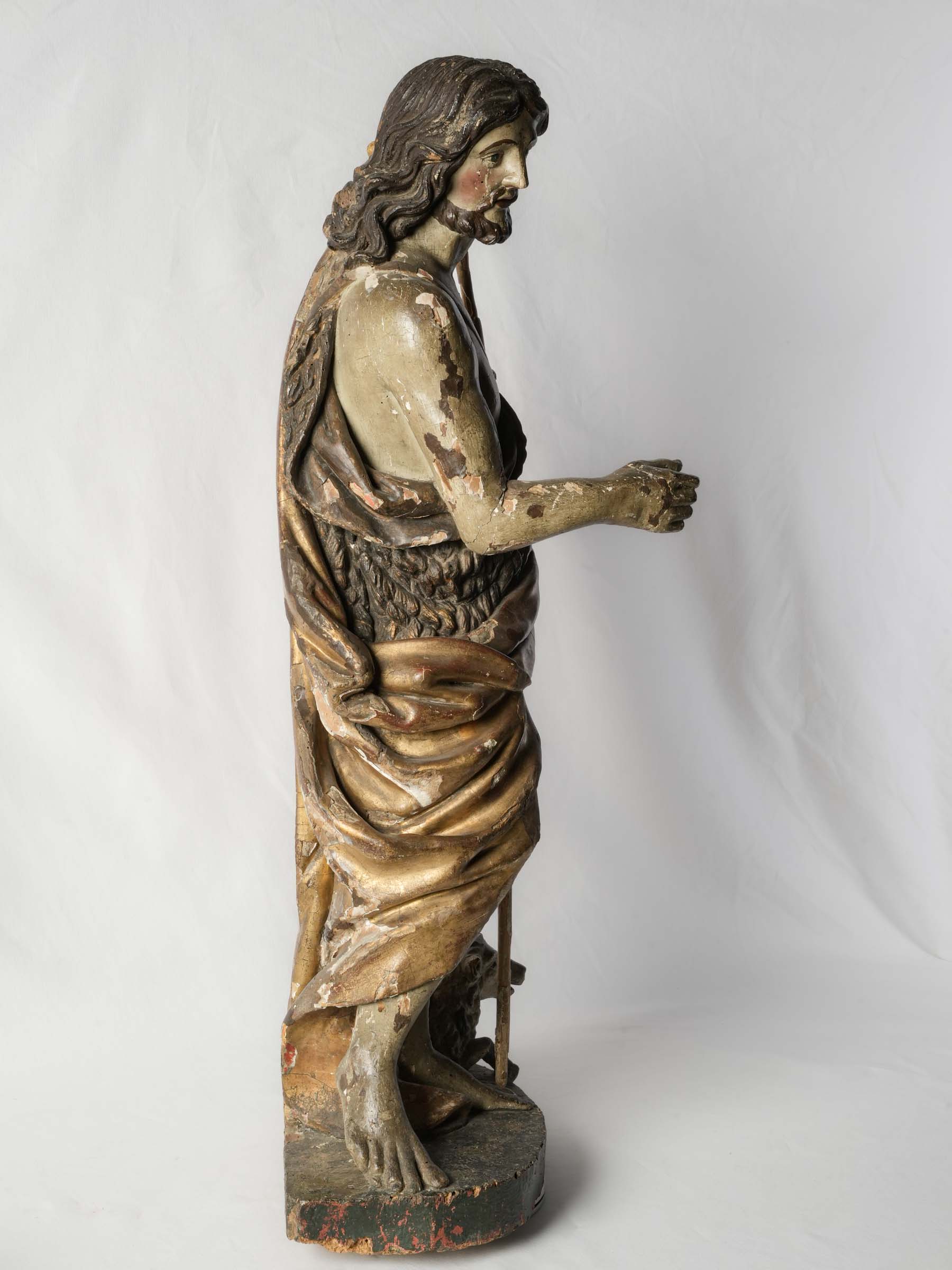 Rare Large Polychrome & Giltwood Sculpture of Saint John the Baptist, Early 18th Century - 37"