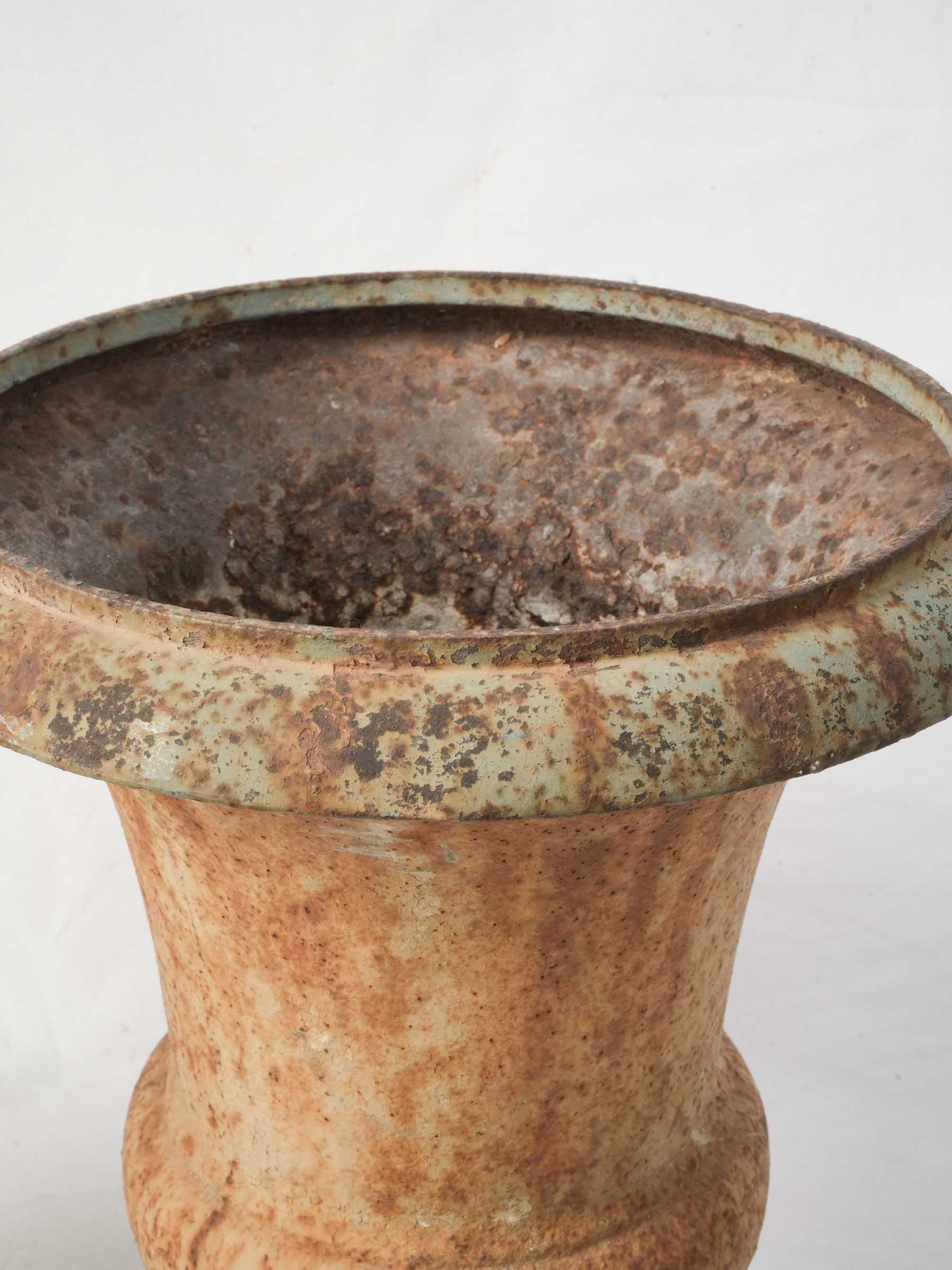 Pair of Neoclassical Cast Iron Medici Urns w/ Rich Oxidized Patina - 21¼" x 15"