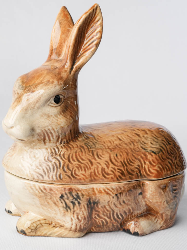 1970s French Barbotine Rabbit-Form Lidded Terrine - 9"