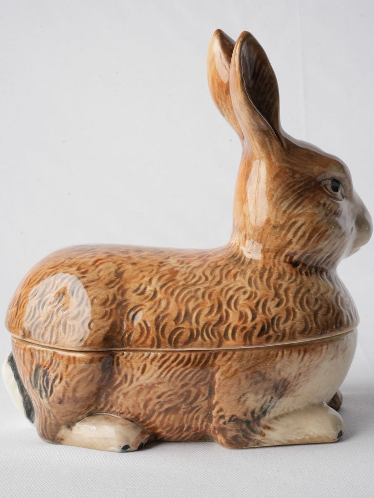 1970s French Barbotine Rabbit-Form Lidded Terrine - 9"