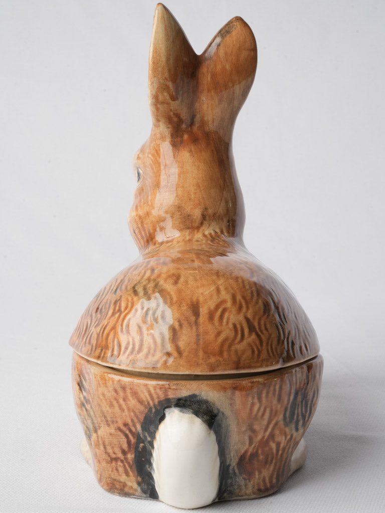 1970s French Barbotine Rabbit-Form Lidded Terrine - 9"