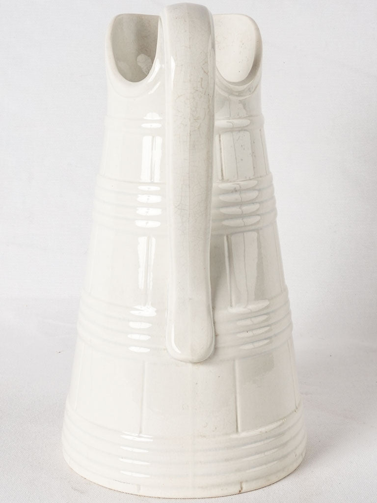 Large white Sarreguemines water pitcher - wine barrel motif 15"