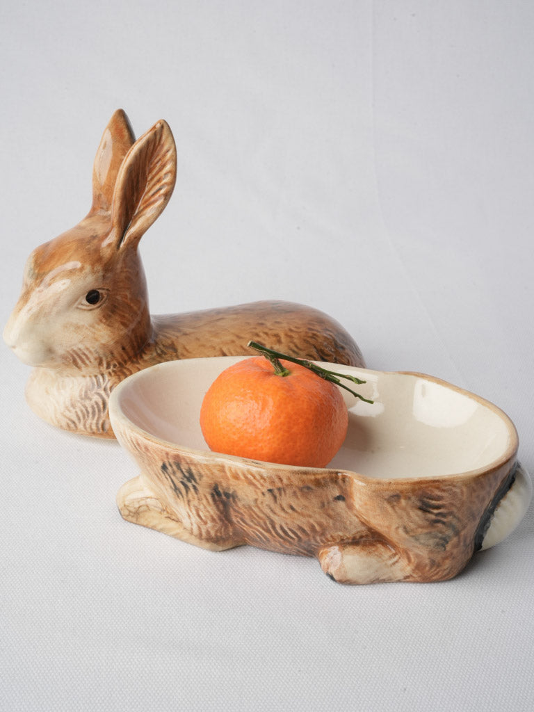 1970s French Barbotine Rabbit-Form Lidded Terrine - 9"