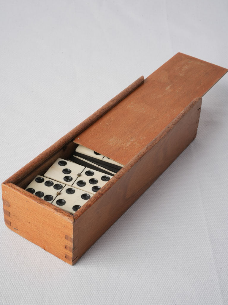 Early 20th Century  Wooden Domino Box w/ Bone-and-Ebony Tiles - 8"