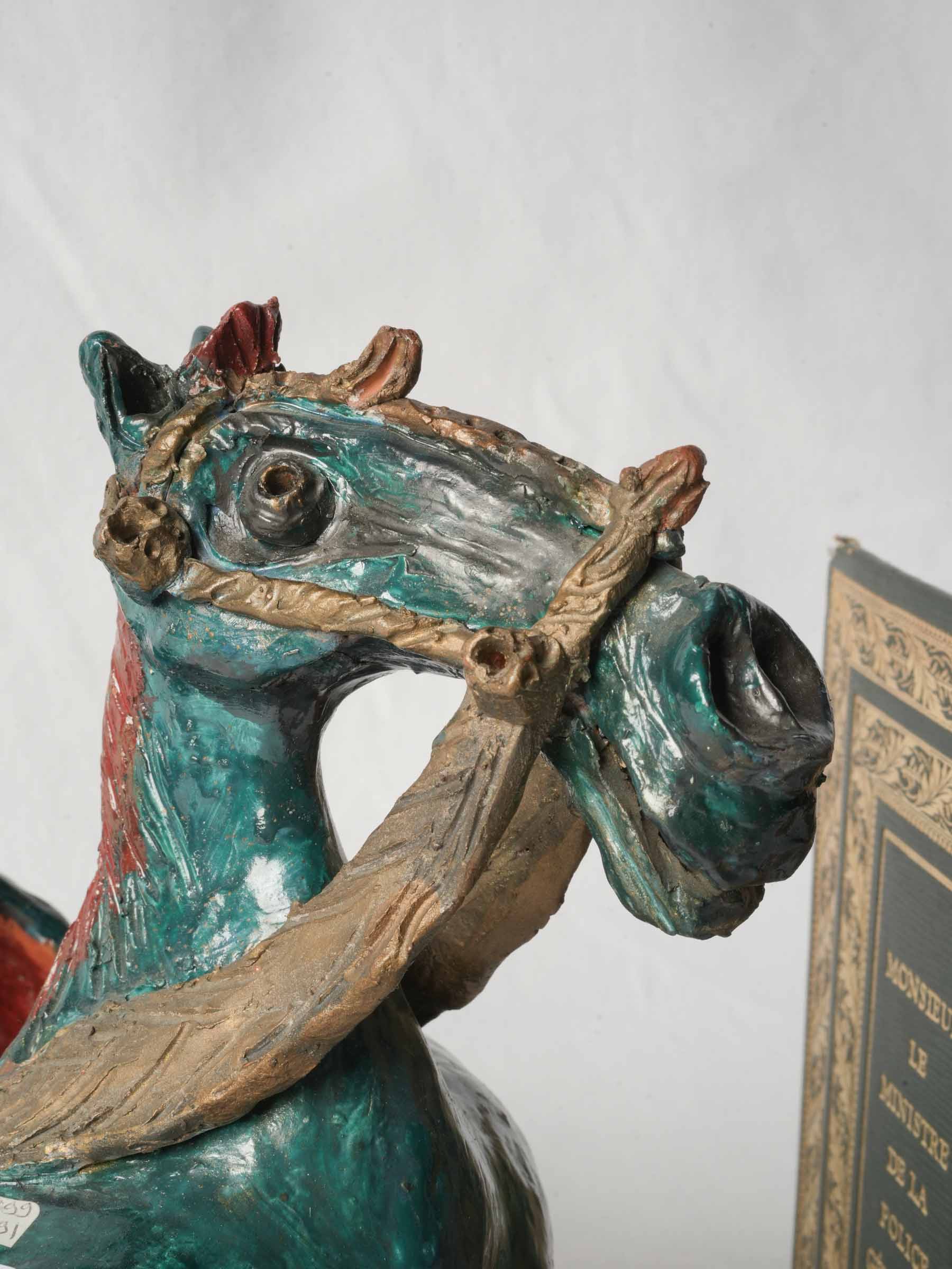 French Terracotta Horse Sculpture w/ Vivid Glaze, Signed and Dated 1967 - 10¾" x 12¼"