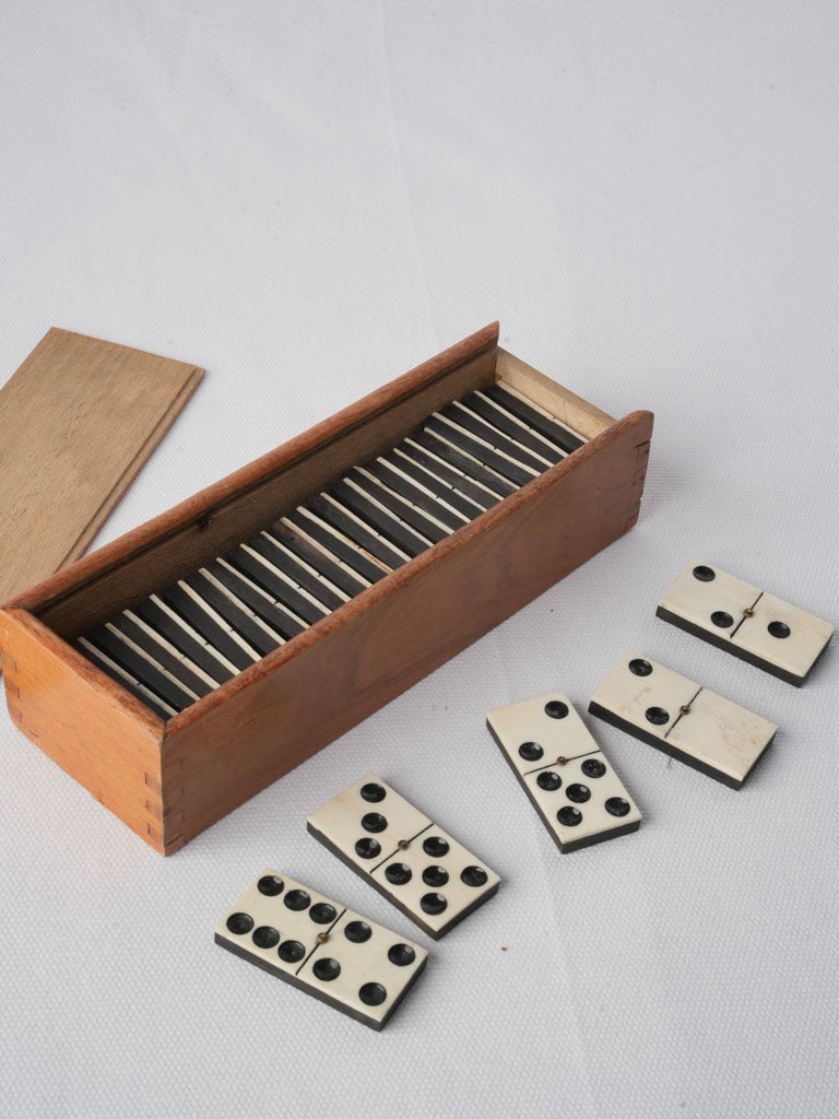 Early 20th Century  Wooden Domino Box w/ Bone-and-Ebony Tiles - 8"