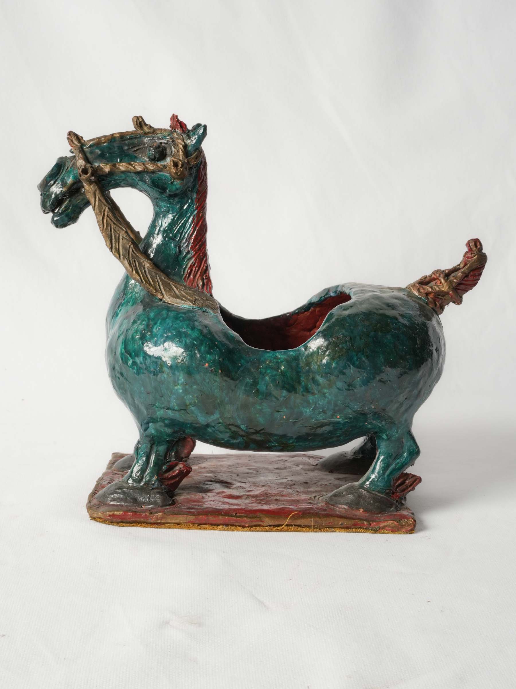 French Terracotta Horse Sculpture w/ Vivid Glaze, Signed and Dated 1967 - 10¾" x 12¼"