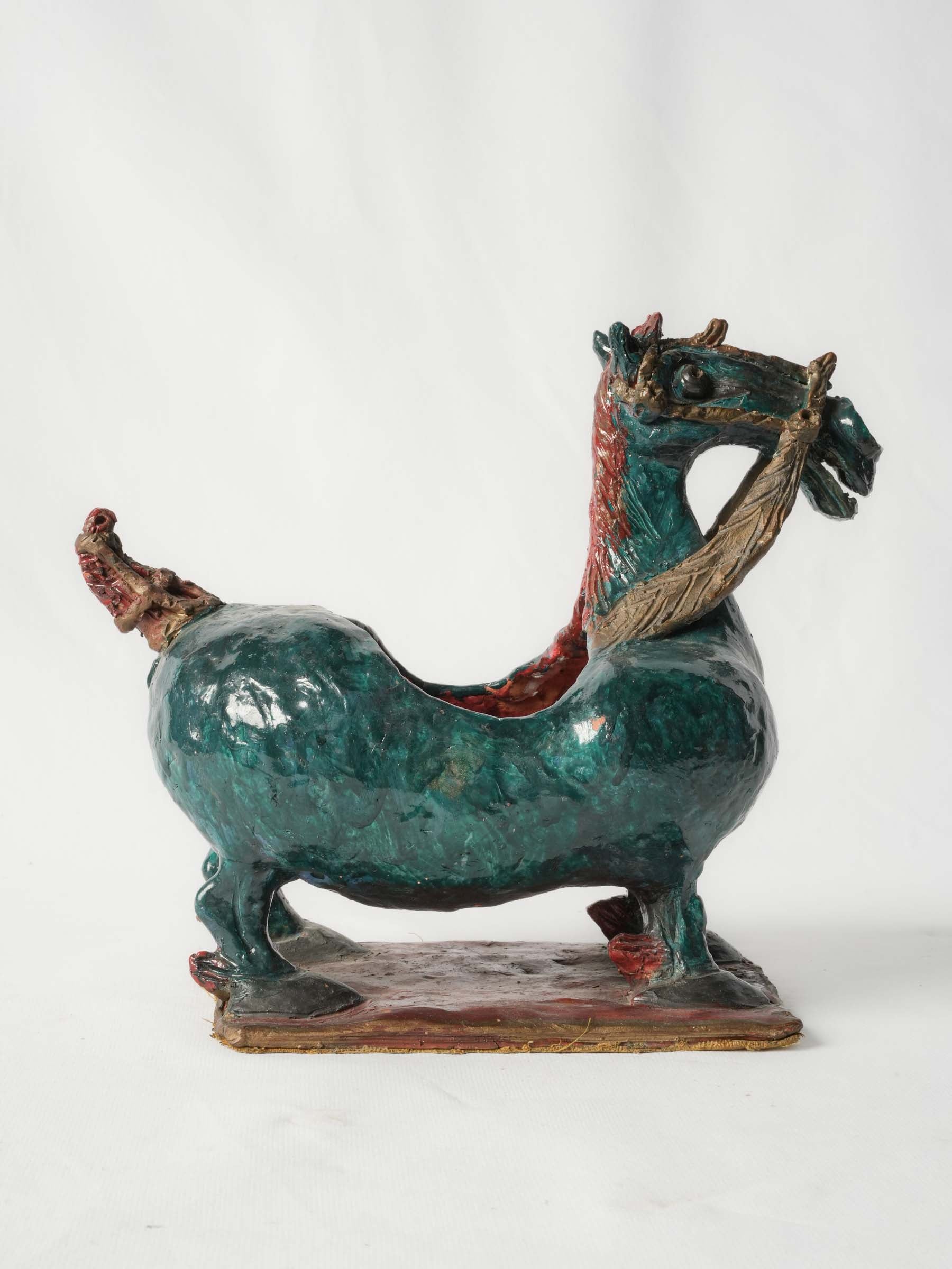 French Terracotta Horse Sculpture w/ Vivid Glaze, Signed and Dated 1967 - 10¾" x 12¼"
