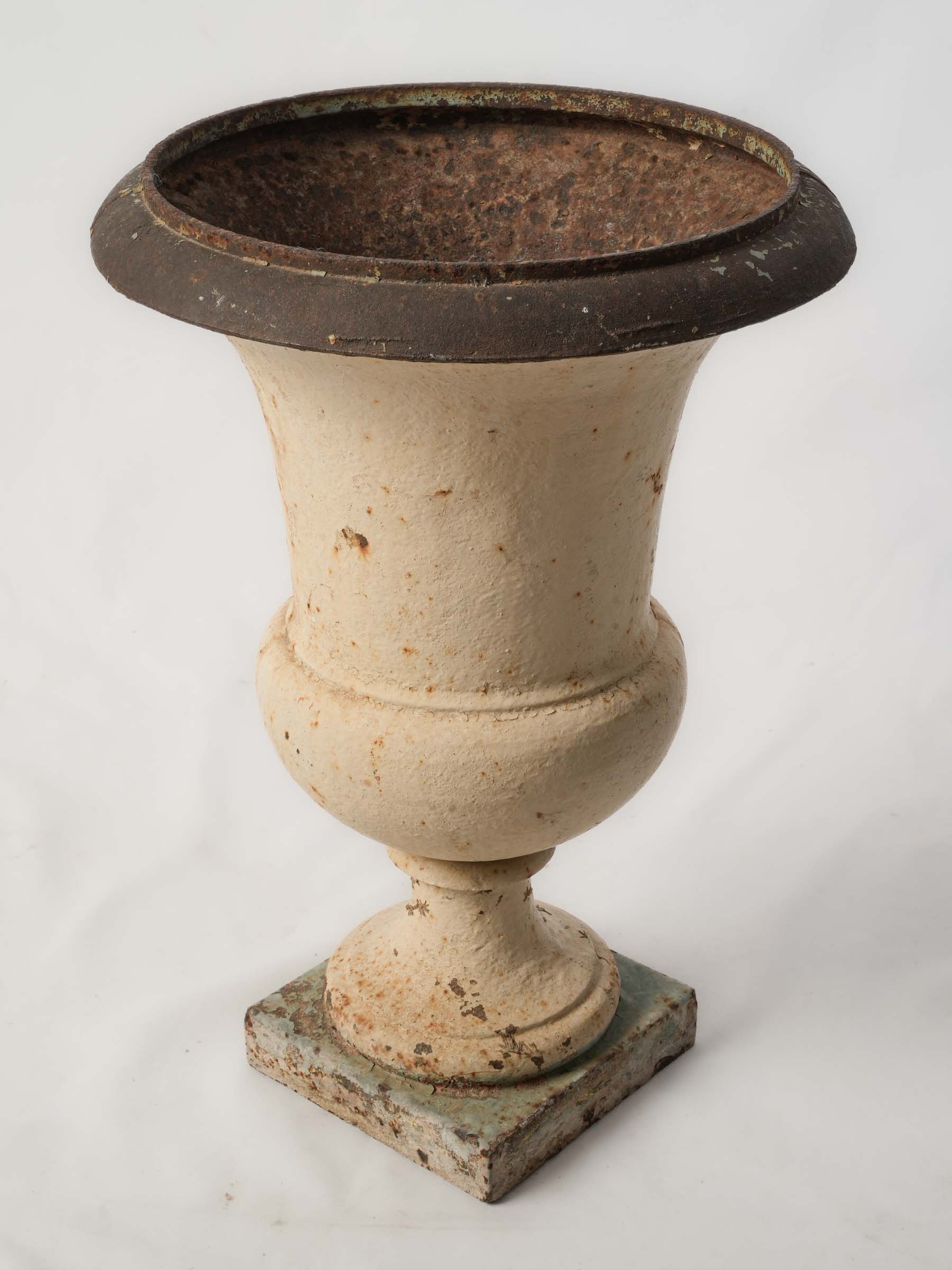 Antique French Cast-Iron Medici Garden Urn with Weathered Painted Surface - 21¼"
