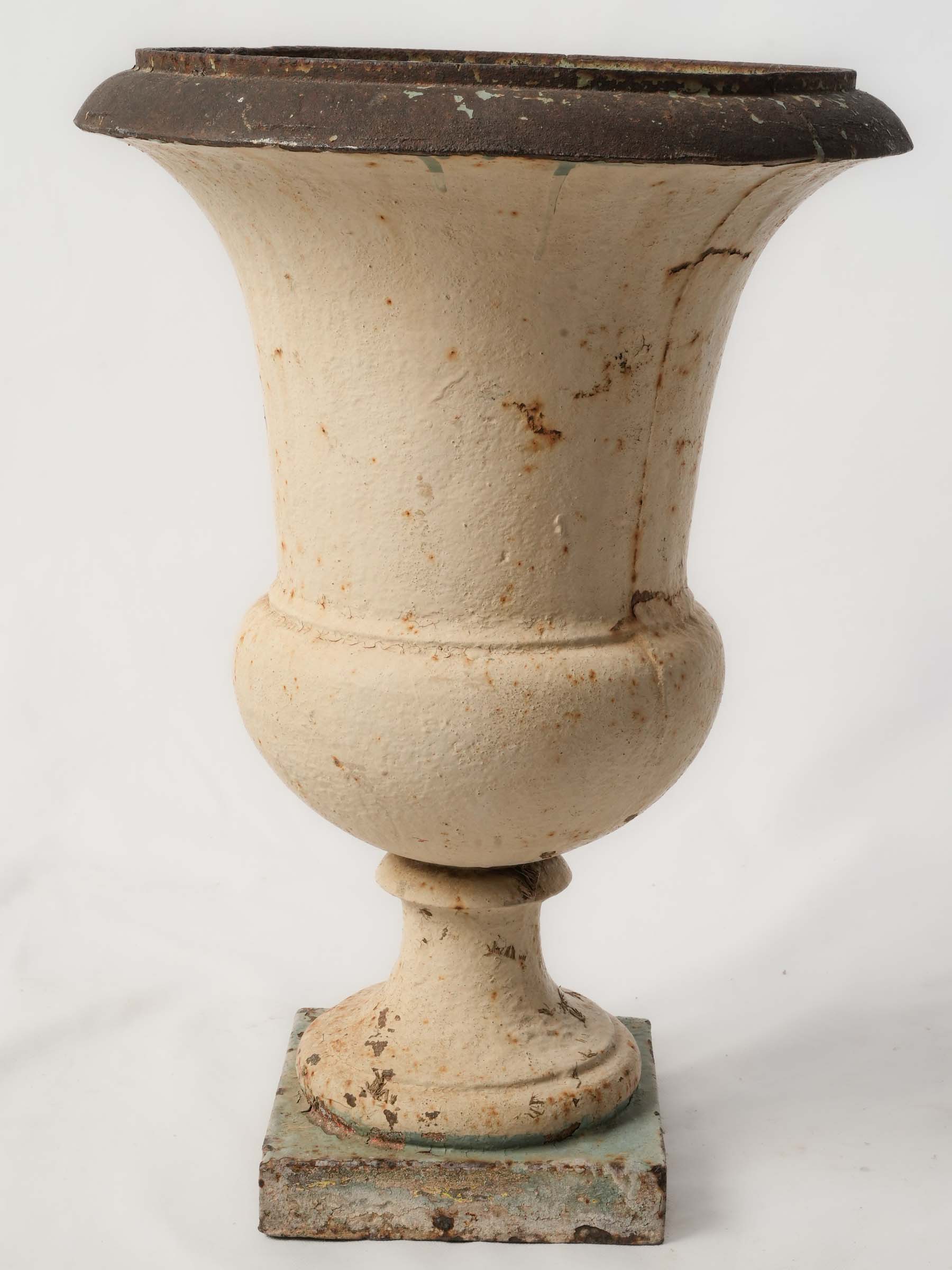 Antique French Cast-Iron Medici Garden Urn with Weathered Painted Surface - 21¼"